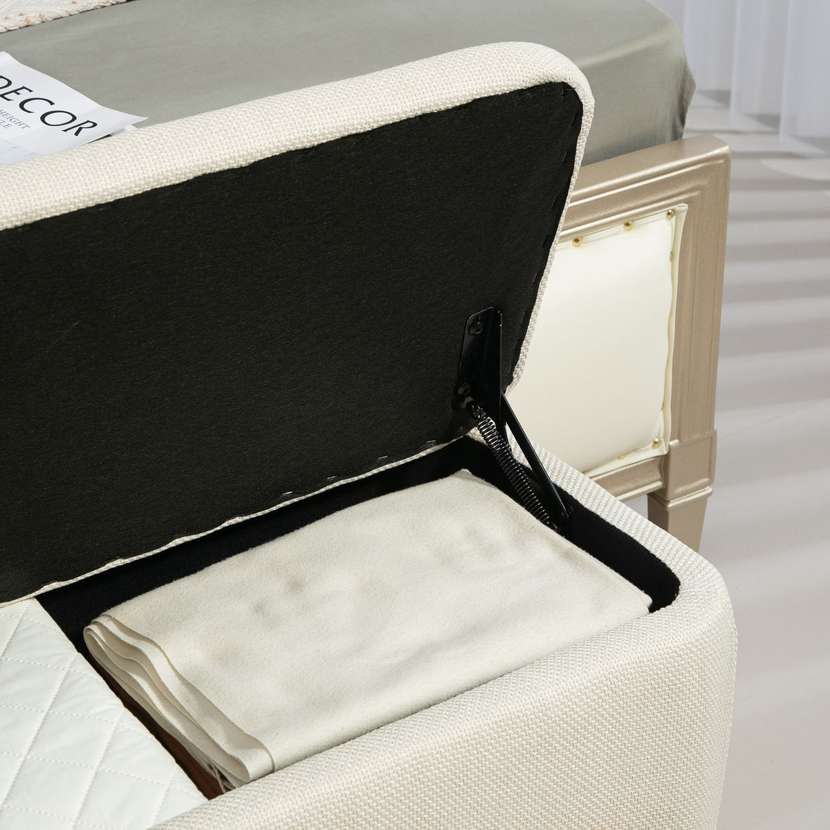 Bench with storage space, upholstered bench with linen look, wooden legs, bed bench with safety hinges for living room, bedroom, hallway