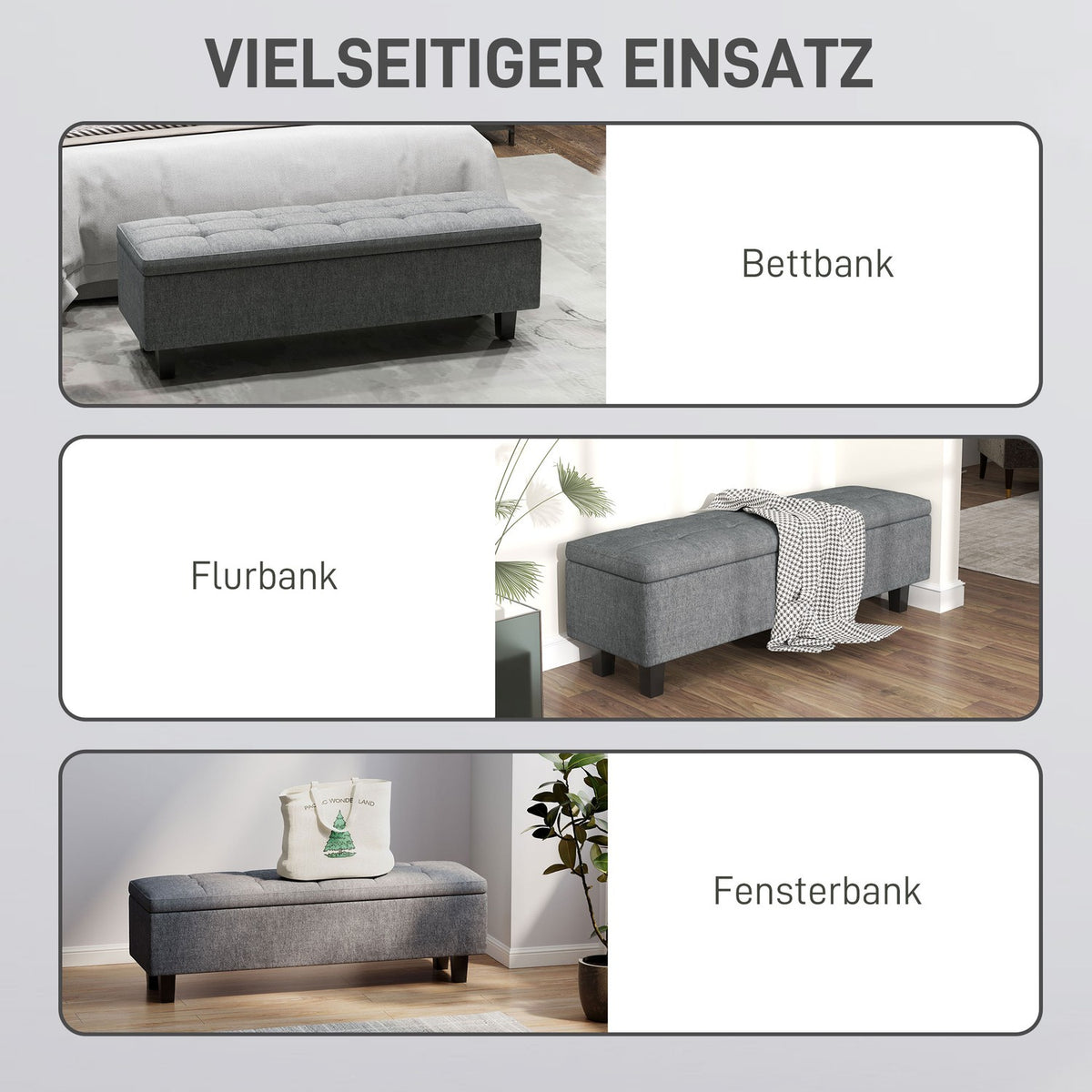 Bench with storage space, upholstered bench with linen look, wooden legs, modern bed bench for hallway, bedroom, living room, 138 x 40 x 45 cm, dark gray