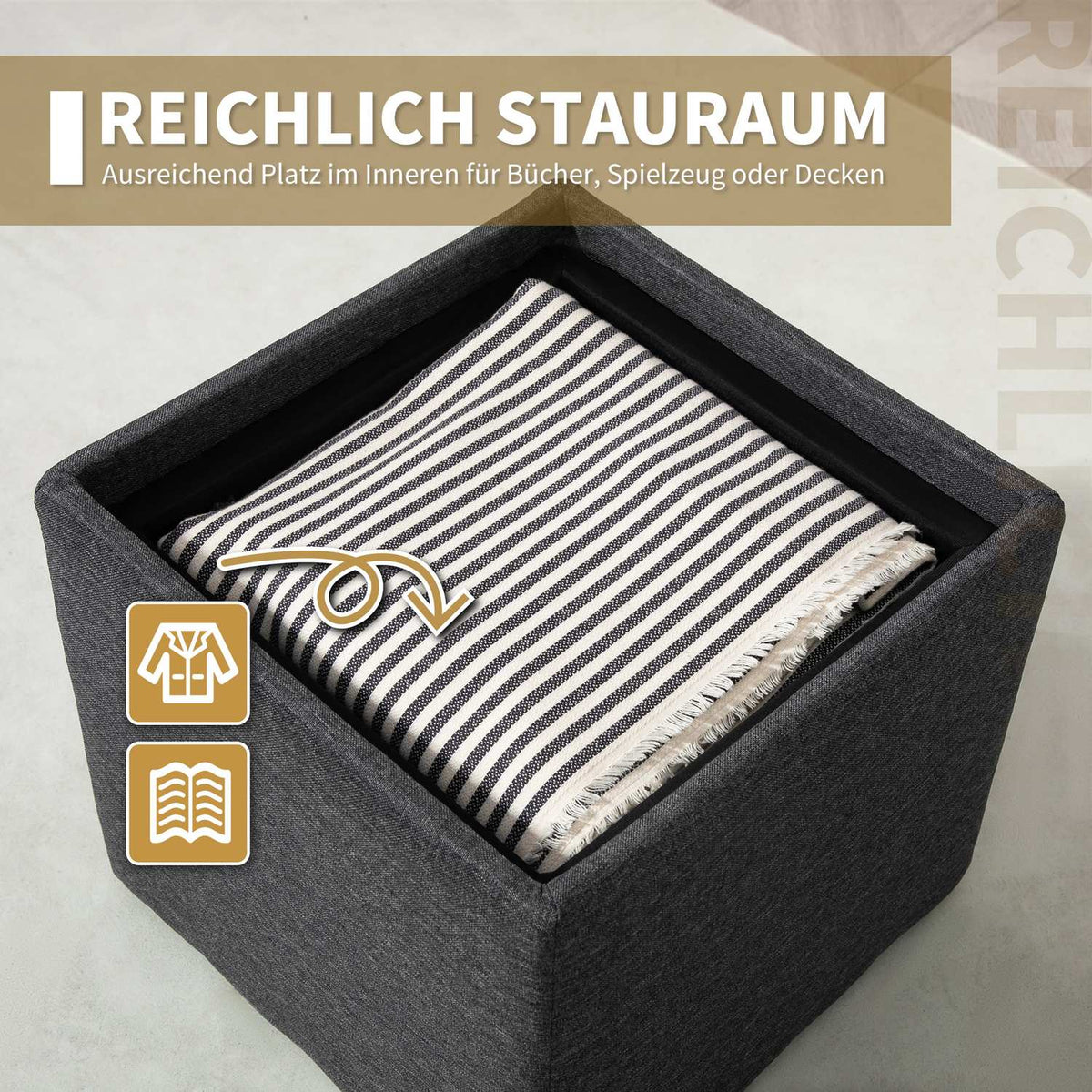 Bench with storage space, upholstered bench with removable lid, bed bench with linen look, for hallway, bedroom, living room, 42 x 42 x 41 cm dark gray