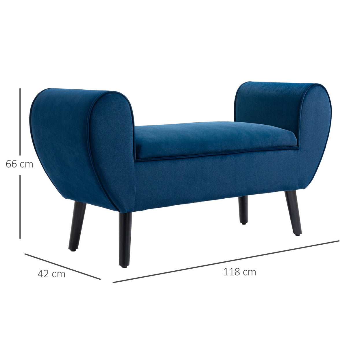 Bench with storage space, upholstered bench with velvet look, armrest, bed bench with wooden legs, for living room, bedroom, hallway, 118 x 42 x 66 cm, dark blue