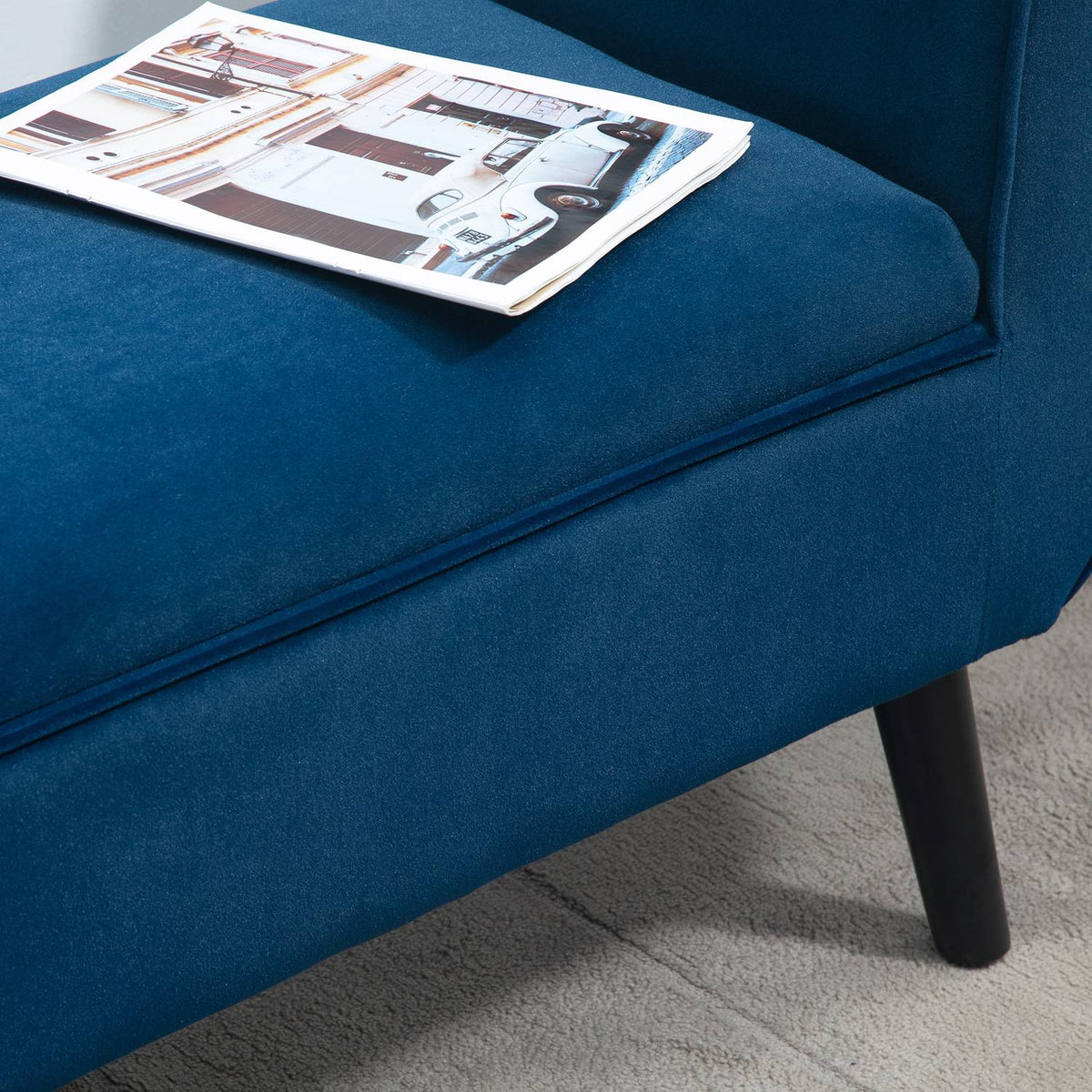 Bench with storage space, upholstered bench with velvet look, armrest, bed bench with wooden legs, for living room, bedroom, hallway, 118 x 42 x 66 cm, dark blue