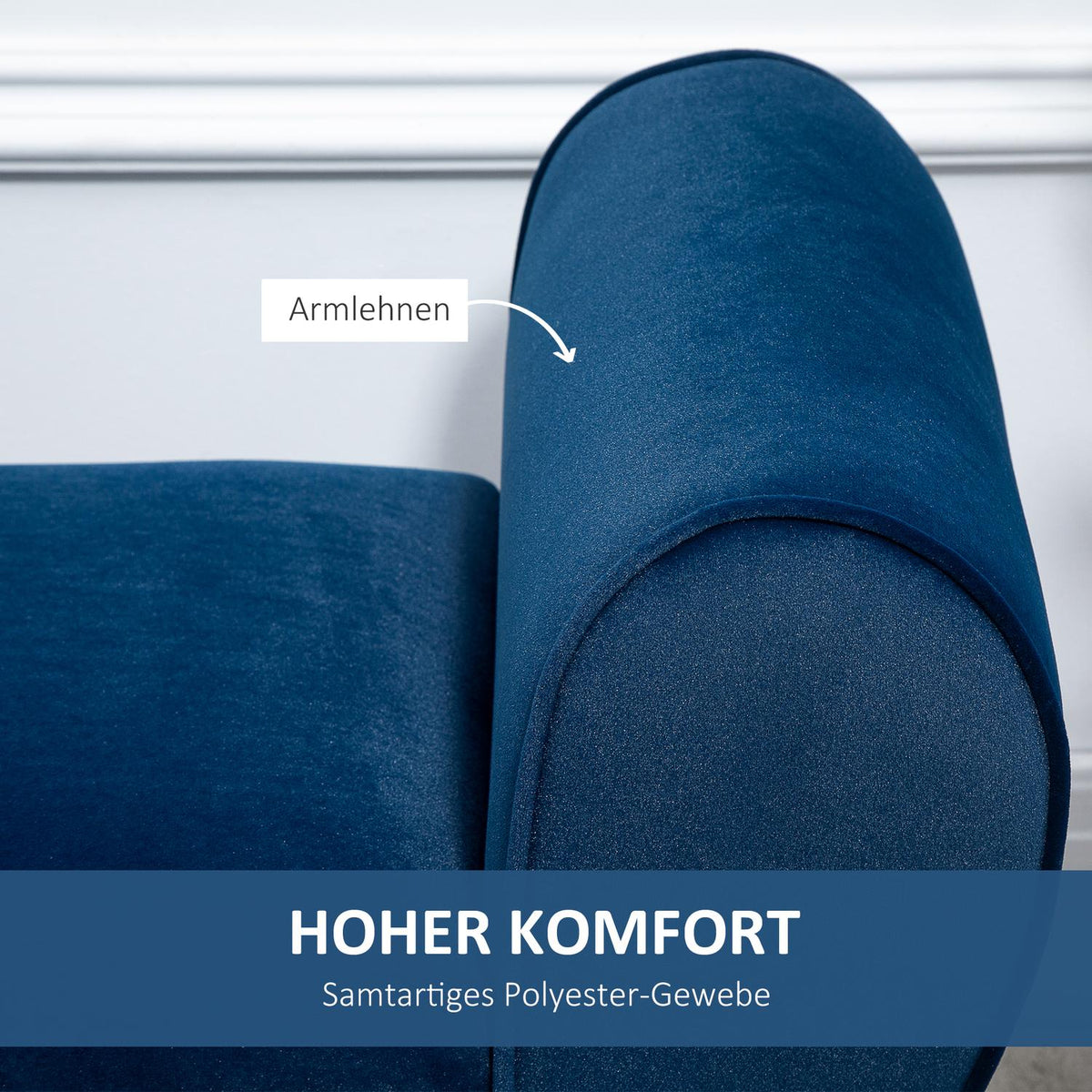 Bench with storage space, upholstered bench with velvet look, armrest, bed bench with wooden legs, for living room, bedroom, hallway, 118 x 42 x 66 cm, dark blue