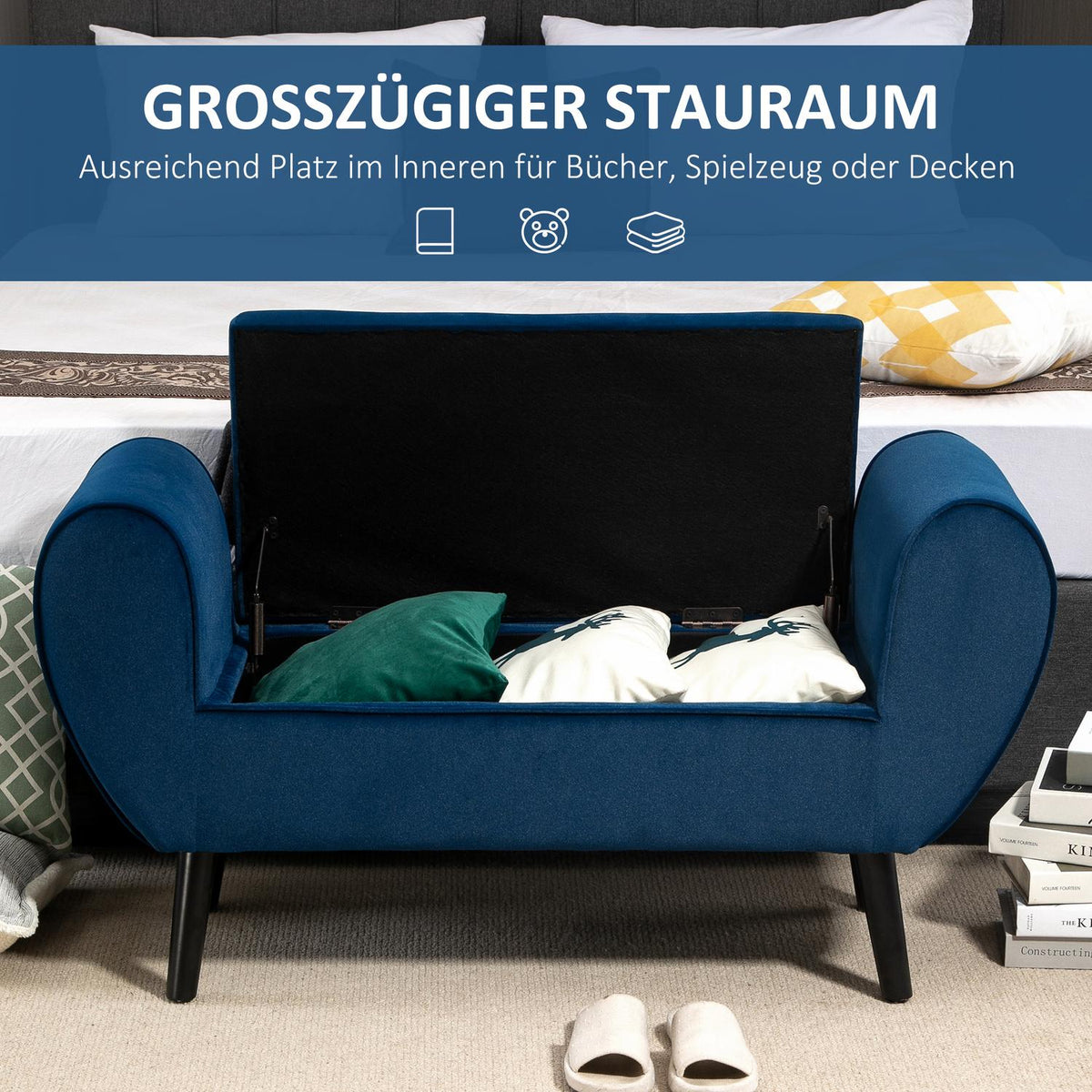 Bench with storage space, upholstered bench with velvet look, armrest, bed bench with wooden legs, for living room, bedroom, hallway, 118 x 42 x 66 cm, dark blue