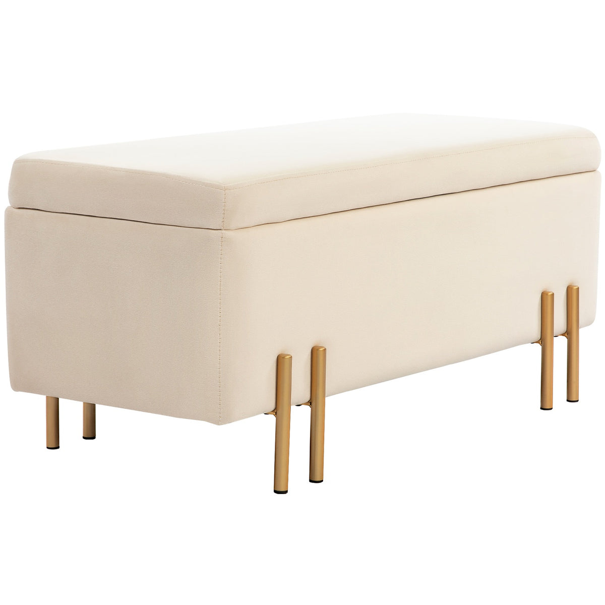 Bench with storage space, upholstered bench with velvet look, chest with wooden legs, chest bench for living room, bedroom, hallway, 100 x 40 x 42 cm, beige