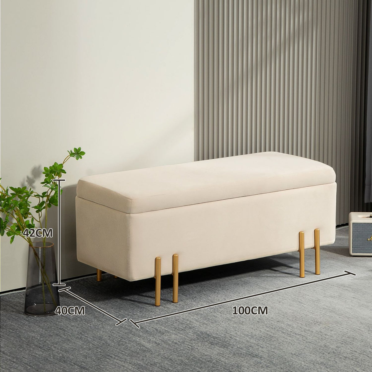 Bench with storage space, upholstered bench with velvet look, chest with wooden legs, chest bench for living room, bedroom, hallway, 100 x 40 x 42 cm, beige