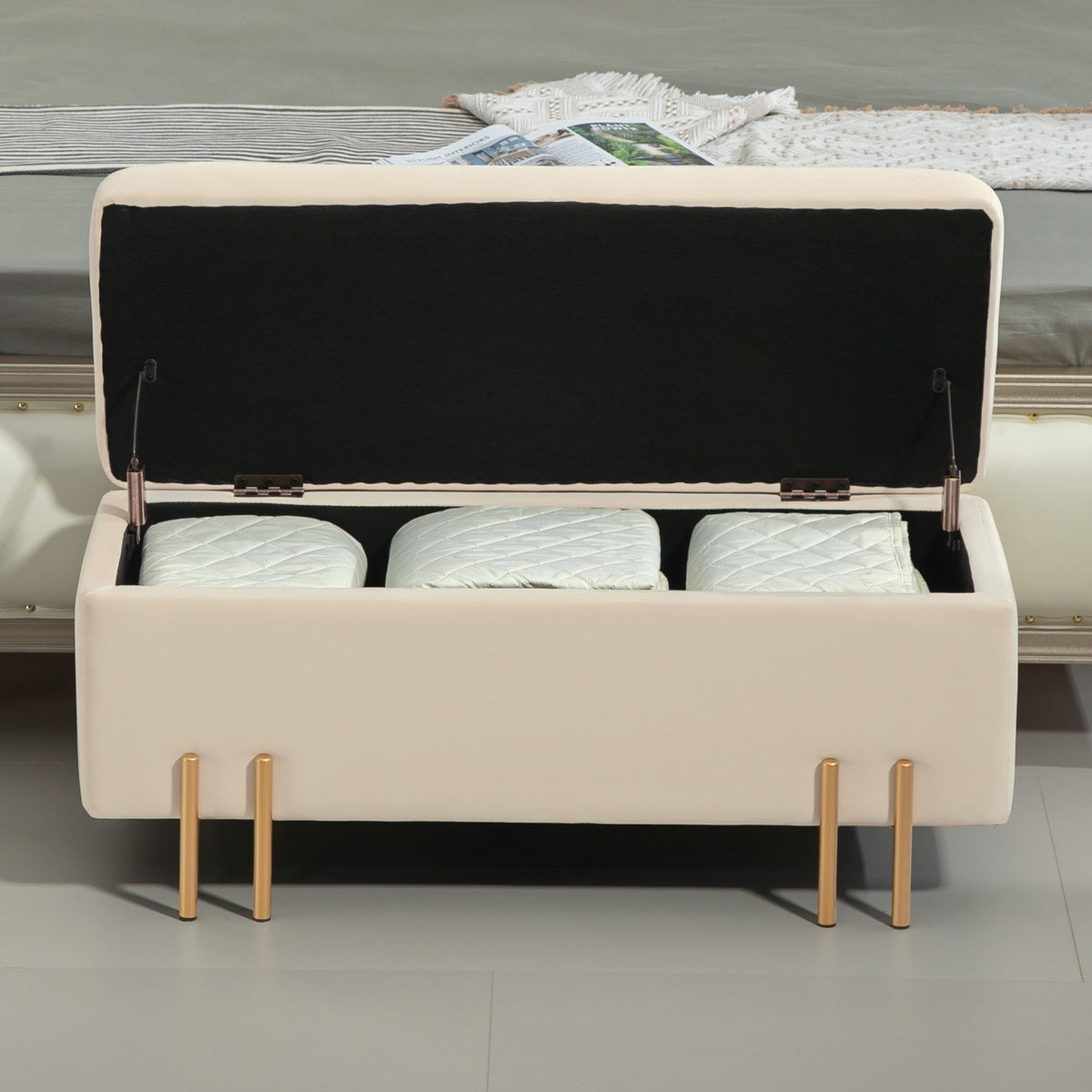 Bench with storage space, upholstered bench with velvet look, chest with wooden legs, chest bench for living room, bedroom, hallway, 100 x 40 x 42 cm, beige