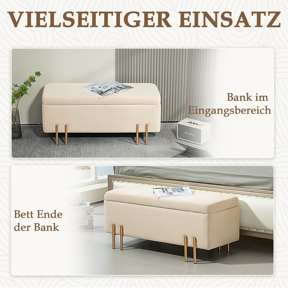 Bench with storage space, upholstered bench with velvet look, chest with wooden legs, chest bench for living room, bedroom, hallway, 100 x 40 x 42 cm, beige