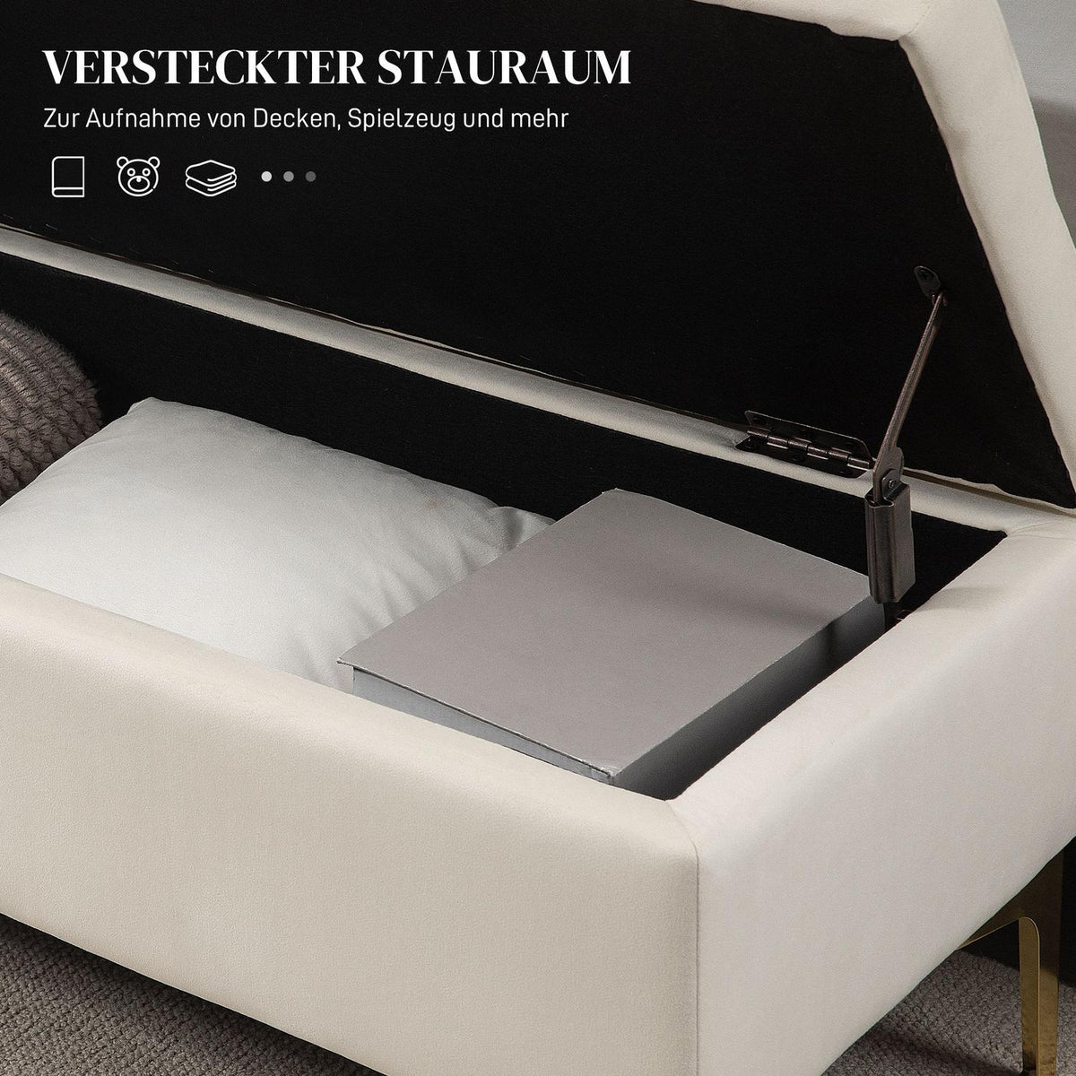 Bench with storage space, upholstered bench with velvet look, metal legs, bed bench for living room, bedroom, hallway, 120 x 44 x 44.5 cm, beige