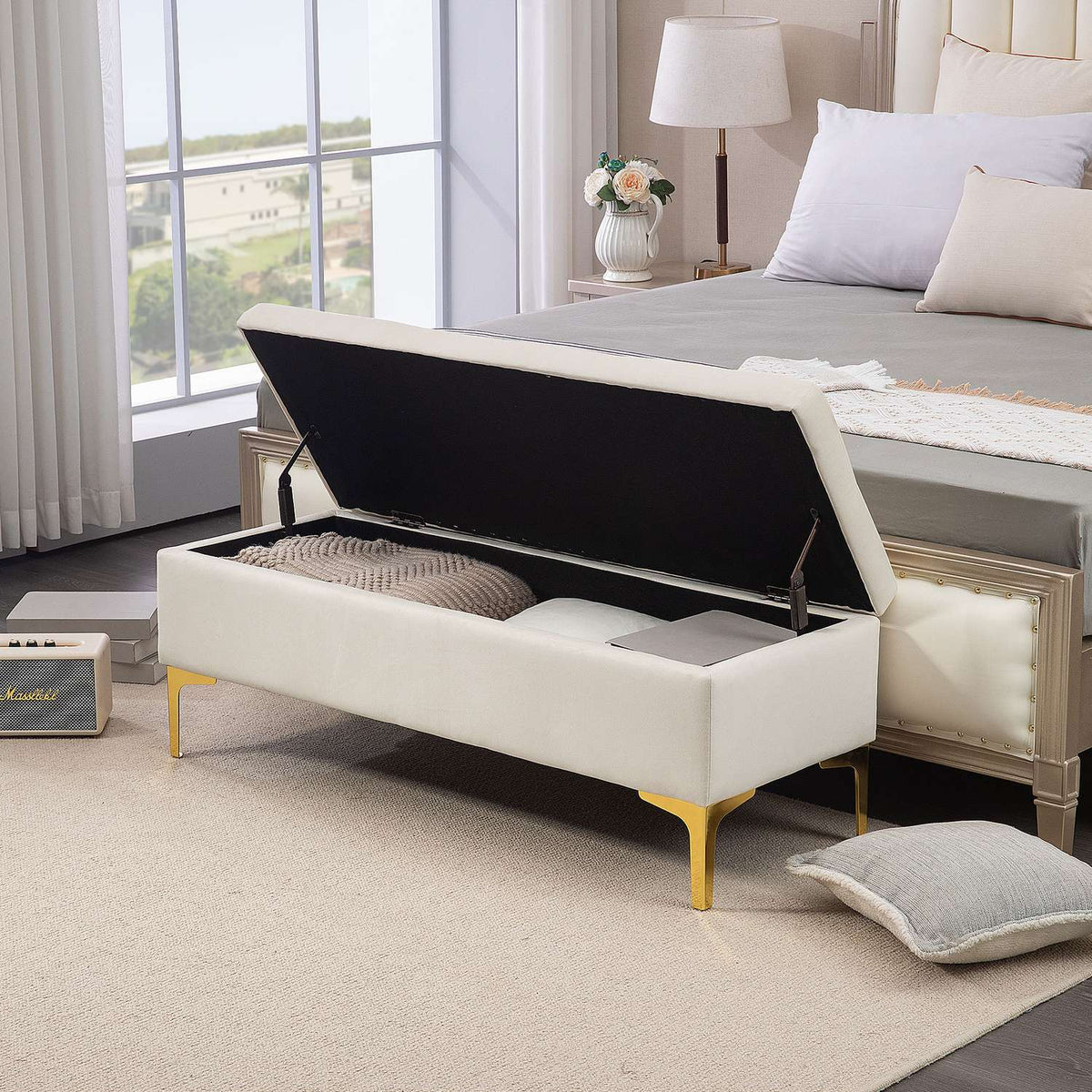 Bench with storage space, upholstered bench with velvet look, metal legs, bed bench for living room, bedroom, hallway, 120 x 44 x 44.5 cm, beige