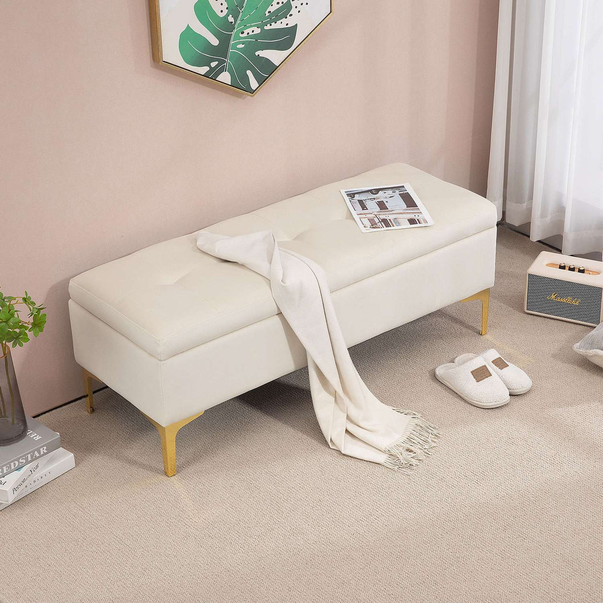 Bench with storage space, upholstered bench with velvet look, metal legs, bed bench for living room, bedroom, hallway, 120 x 44 x 44.5 cm, beige
