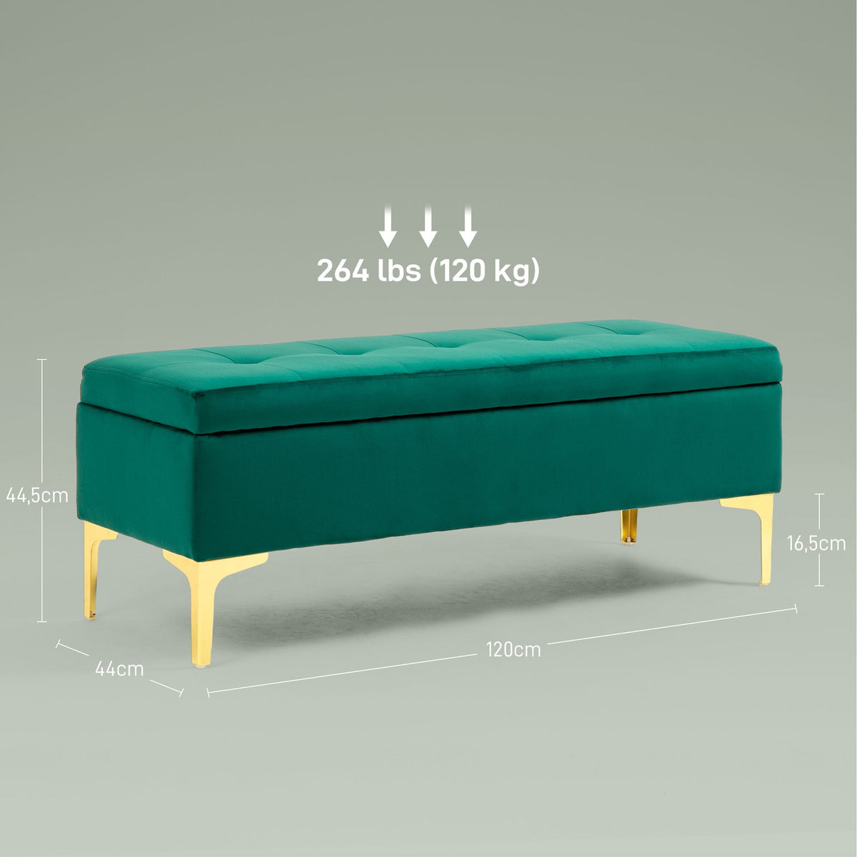 Bench with storage space, upholstered bench with velvet look, metal legs, bed bench for living room, bedroom, hallway, 120 x 44 x 44.5 cm, green