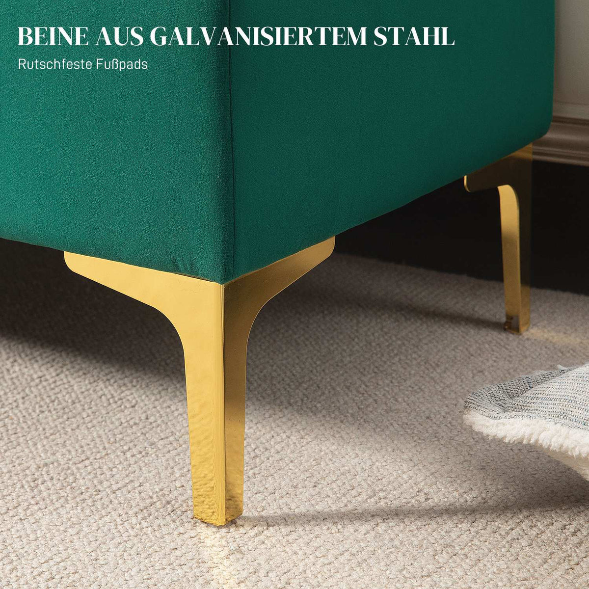 Bench with storage space, upholstered bench with velvet look, metal legs, bed bench for living room, bedroom, hallway, 120 x 44 x 44.5 cm, green