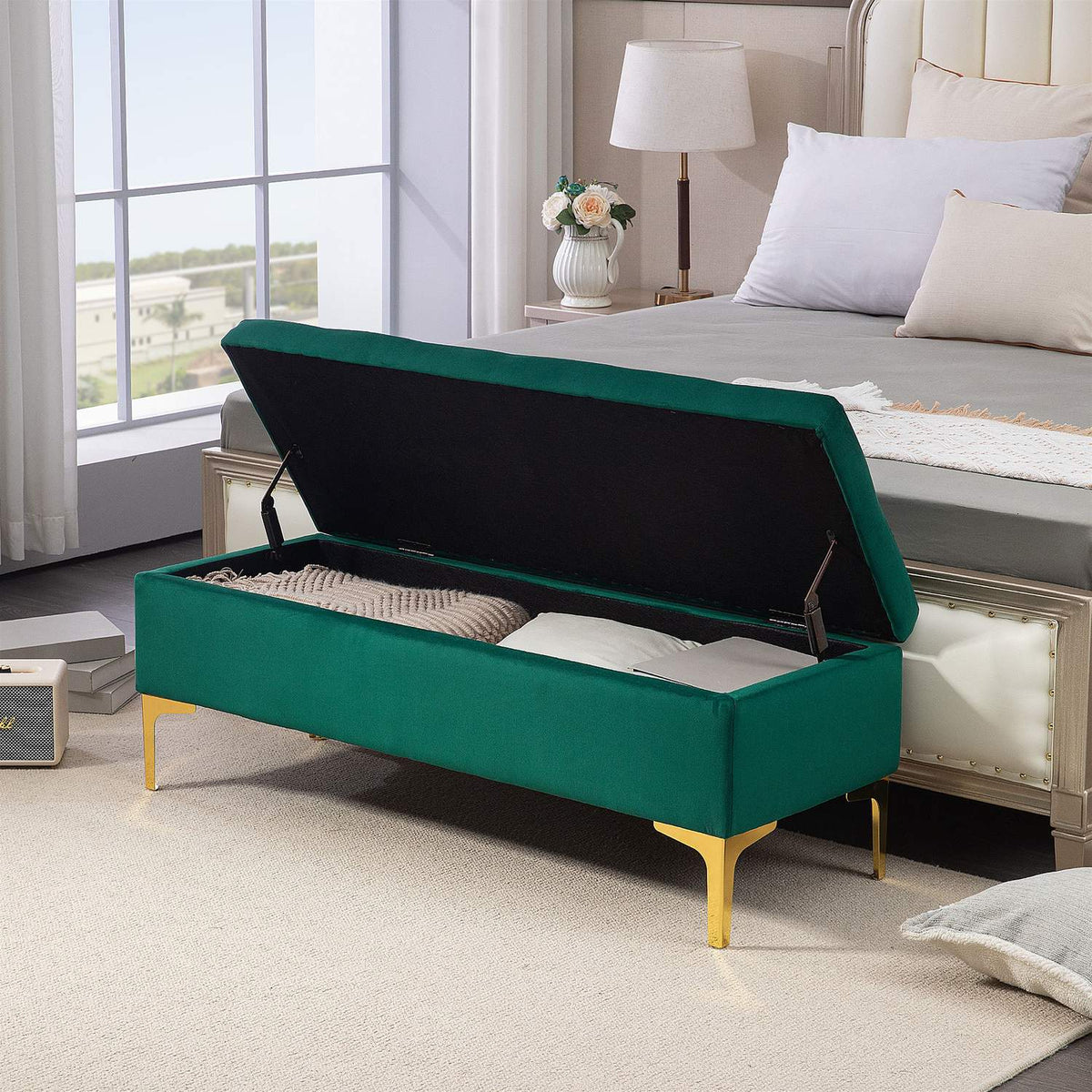 Bench with storage space, upholstered bench with velvet look, metal legs, bed bench for living room, bedroom, hallway, 120 x 44 x 44.5 cm, green