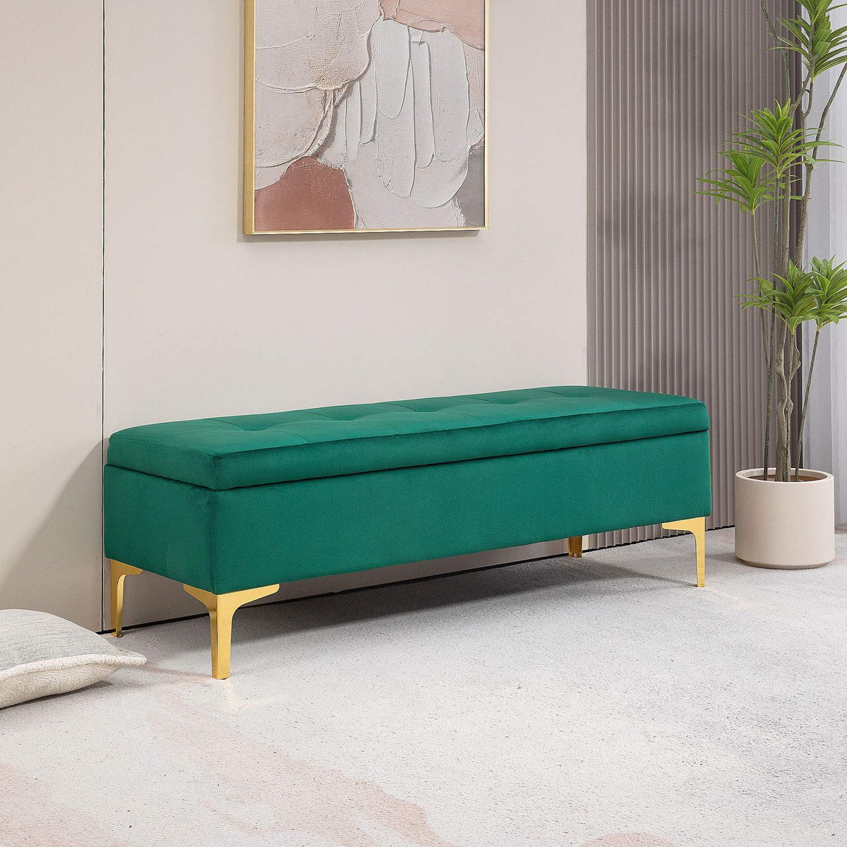 Bench with storage space, upholstered bench with velvet look, metal legs, bed bench for living room, bedroom, hallway, 120 x 44 x 44.5 cm, green