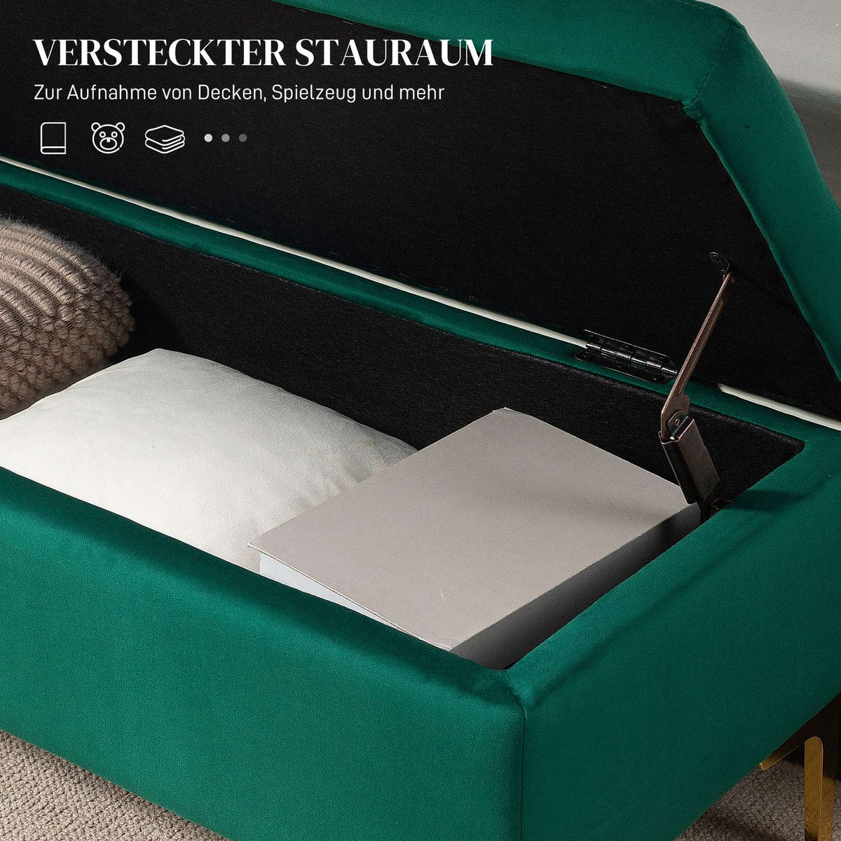 Bench with storage space, upholstered bench with velvet look, metal legs, bed bench for living room, bedroom, hallway, 120 x 44 x 44.5 cm, green