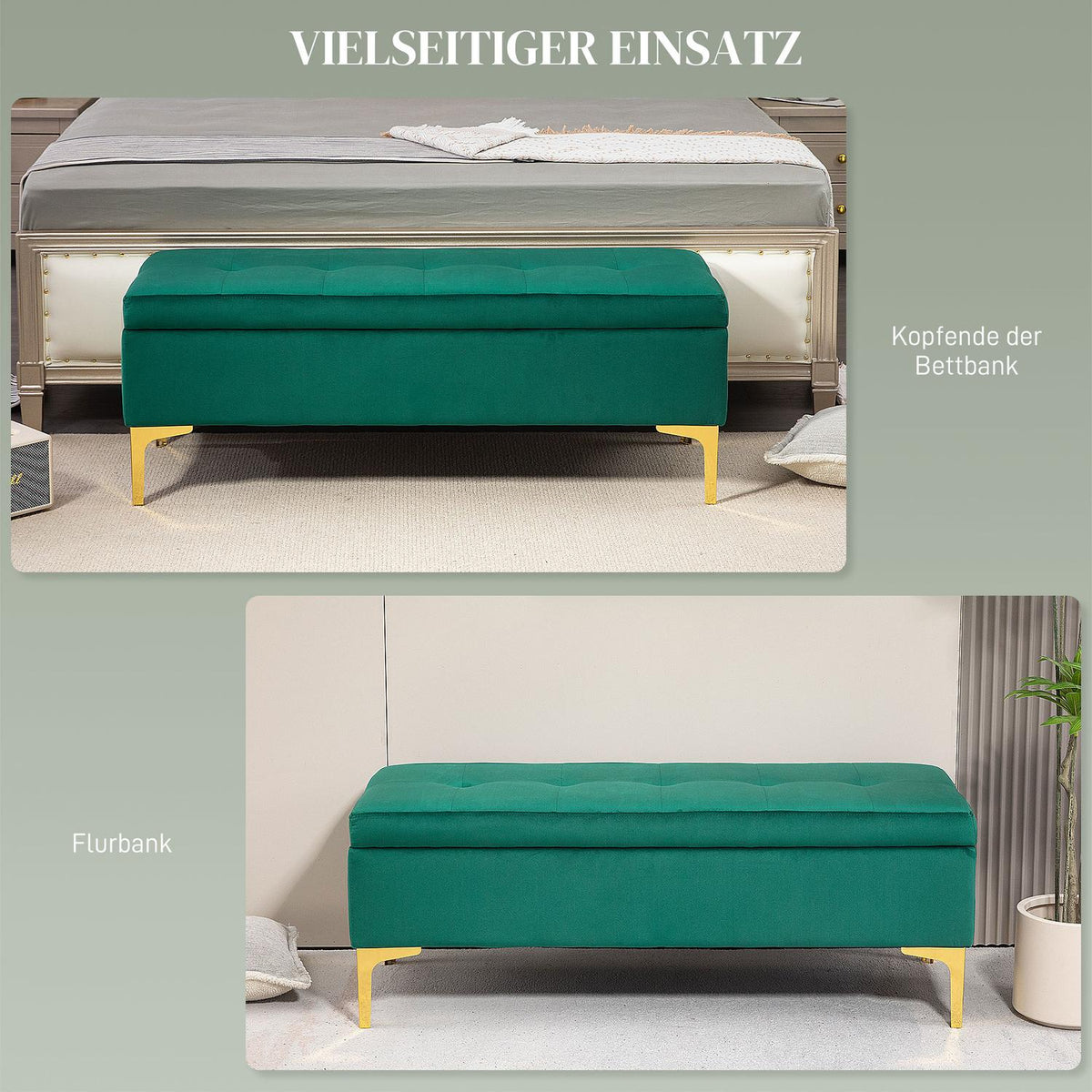 Bench with storage space, upholstered bench with velvet look, metal legs, bed bench for living room, bedroom, hallway, 120 x 44 x 44.5 cm, green