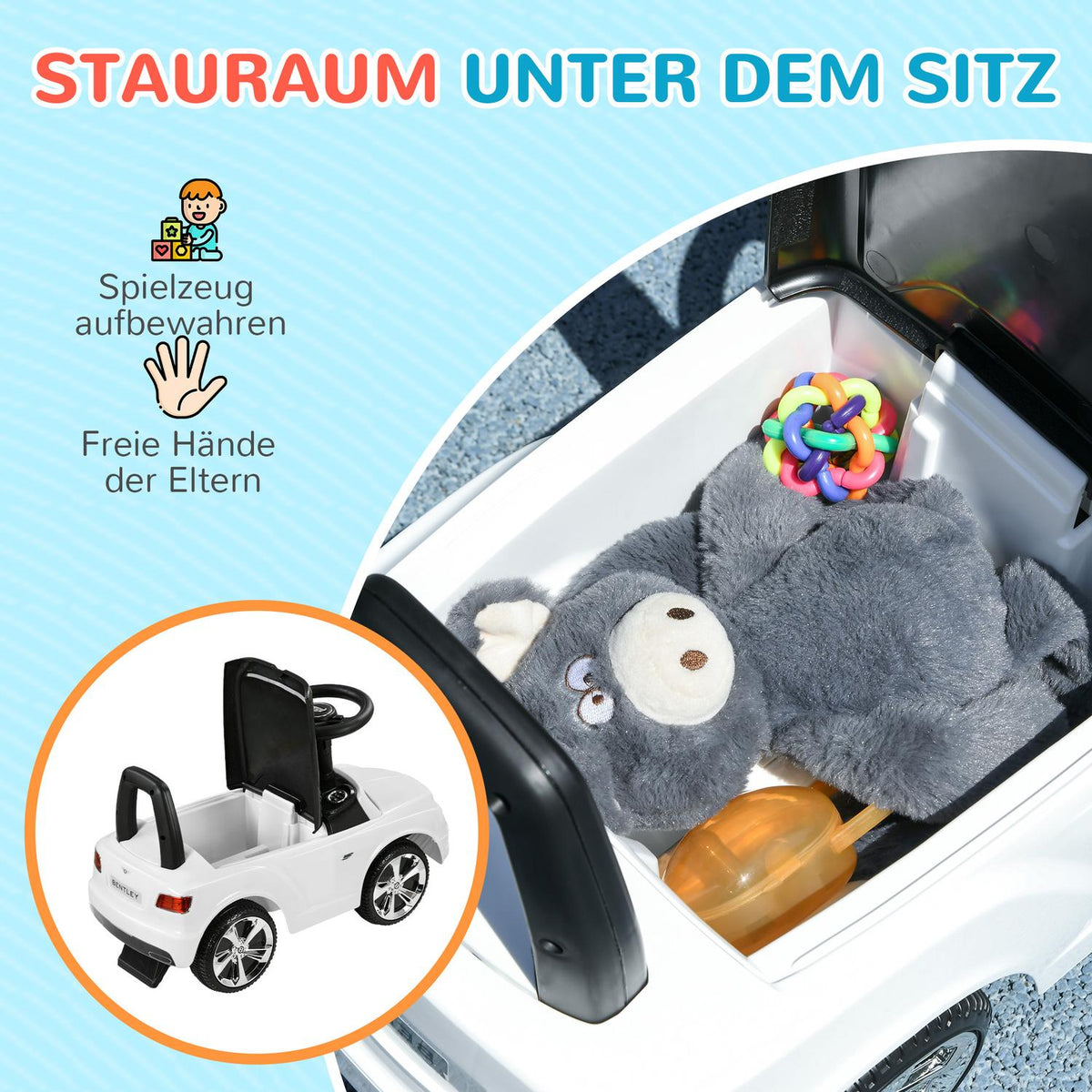 Bentley Bentayga ride-on car, ride-on vehicle with horn, children's vehicle, children's car with tip protection, from 18 months, white, 67x29x39 cm