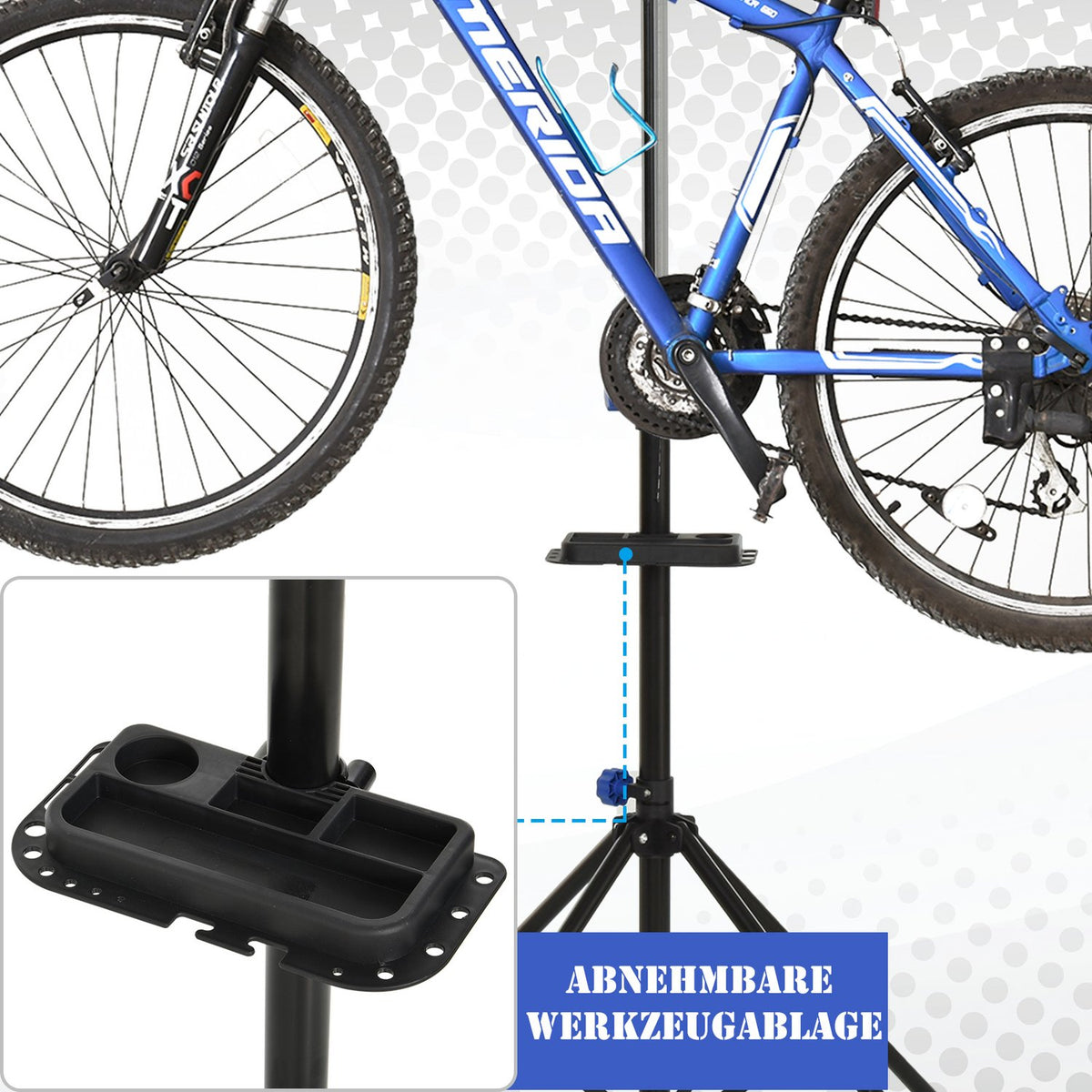 Bicycle Assembly Stand, Truing Stand, Repair Stand, Four-Legged, Tool Tray, Black, 144X144X117-170Cm