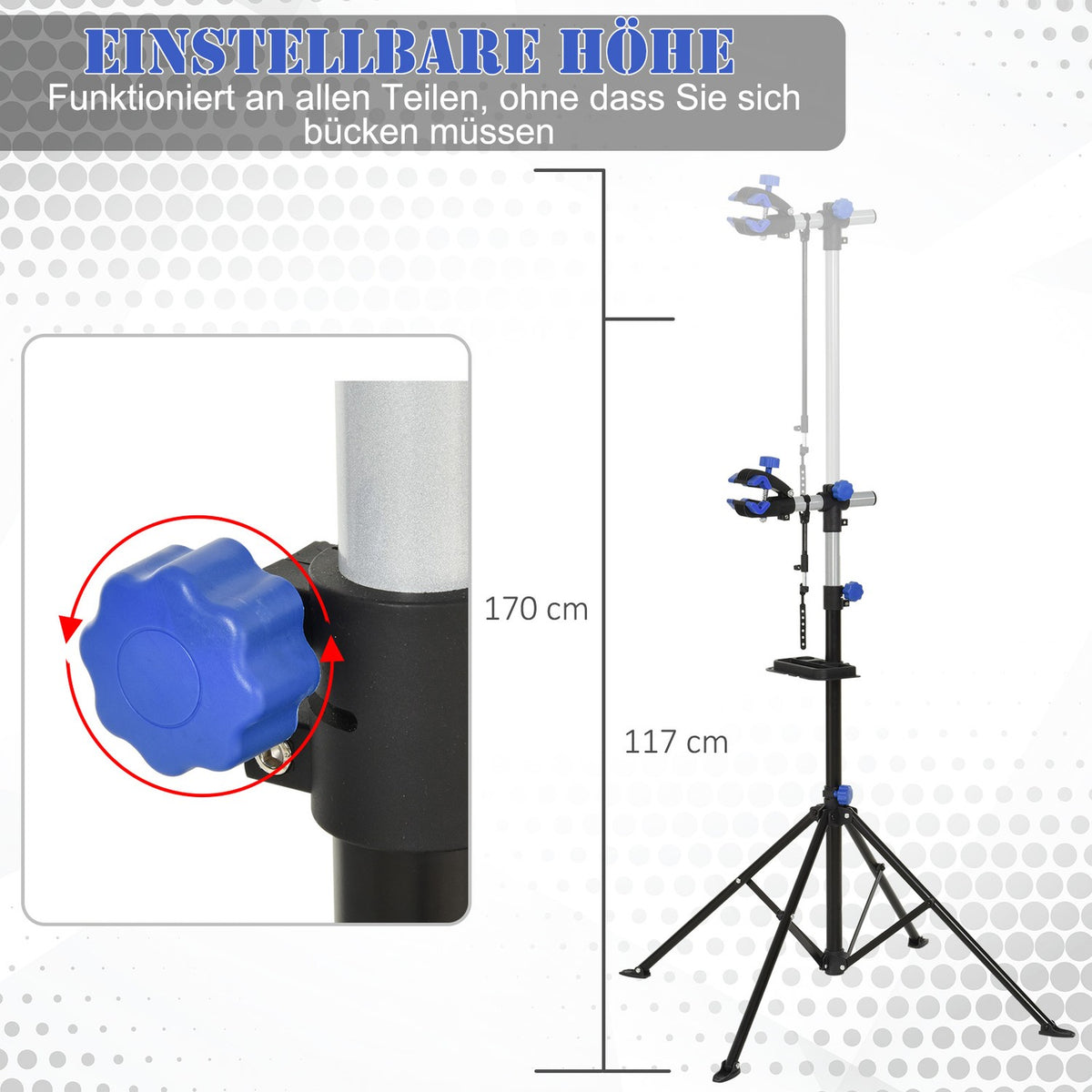 Bicycle Assembly Stand, Truing Stand, Repair Stand, Four-Legged, Tool Tray, Black, 144X144X117-170Cm