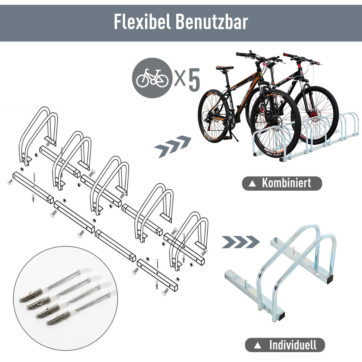 Bicycle Stand, Bicycle Stand, Multiple Stand, Bicycle Stand, Floor And Wall Mounting, Steel, Up To 6 Bicycles, Silver, 130 X 33 X 27 Cm