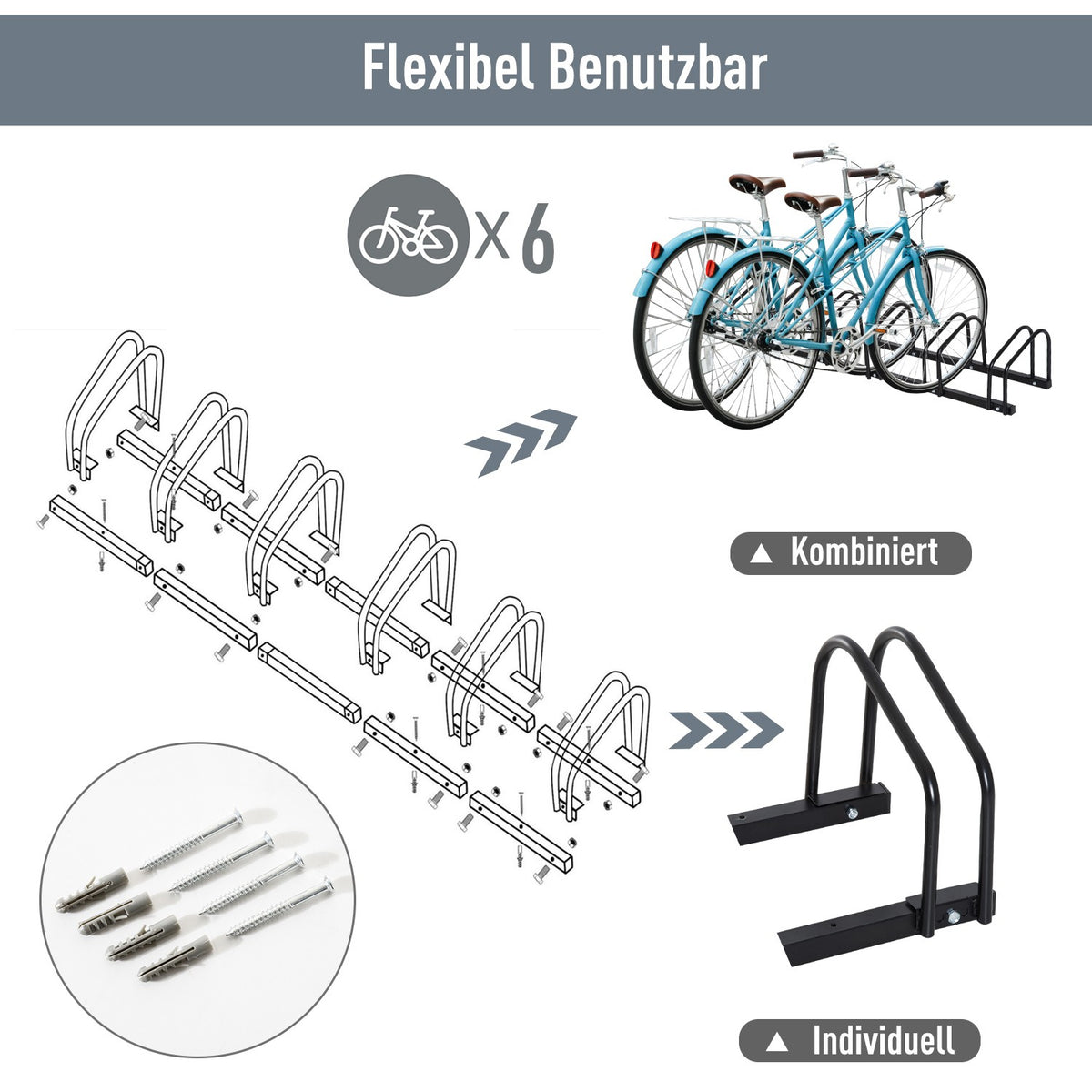 Bicycle Stand For Up To 6 Bikes, Multiple Stands, Floor And Wall Mounting, Steel, Black, 160X33X27Cm