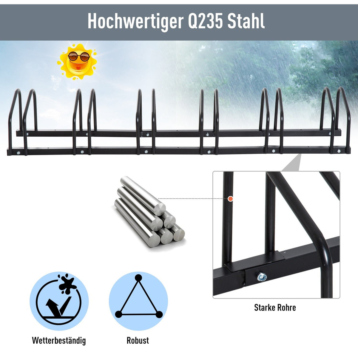 Bicycle Stand For Up To 6 Bikes, Multiple Stands, Floor And Wall Mounting, Steel, Black, 160X33X27Cm