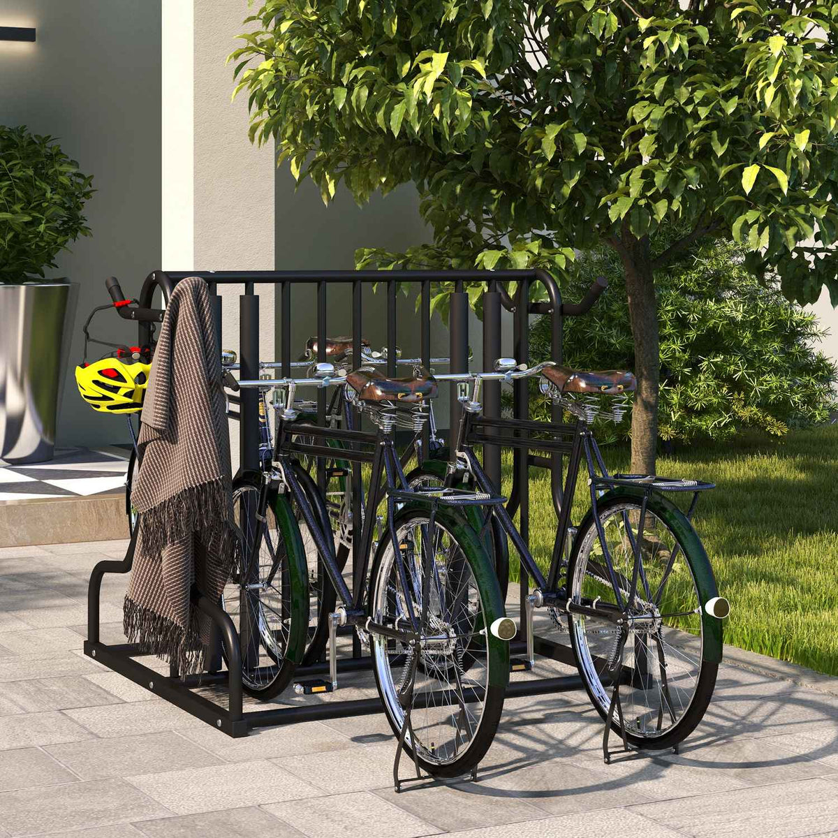 Bicycle Stand, Multiple Stand, Weatherproof, For Up To 4 Bicycles, On Both Sides, Steel, Black, 90X80X80Cm