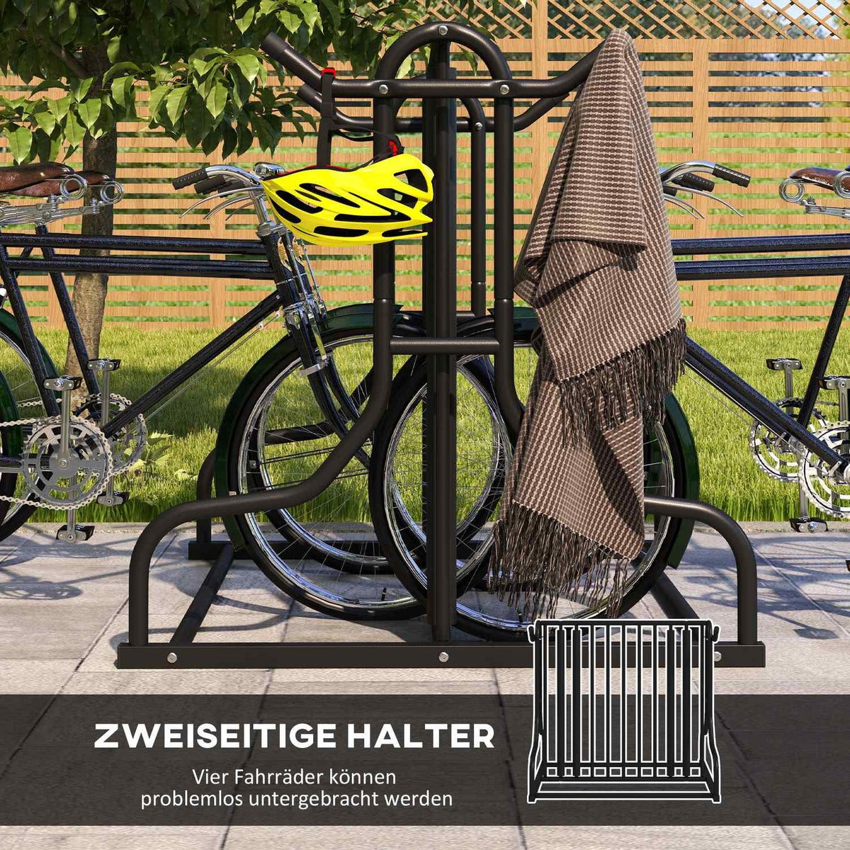Bicycle Stand, Multiple Stand, Weatherproof, For Up To 4 Bicycles, On Both Sides, Steel, Black, 90X80X80Cm