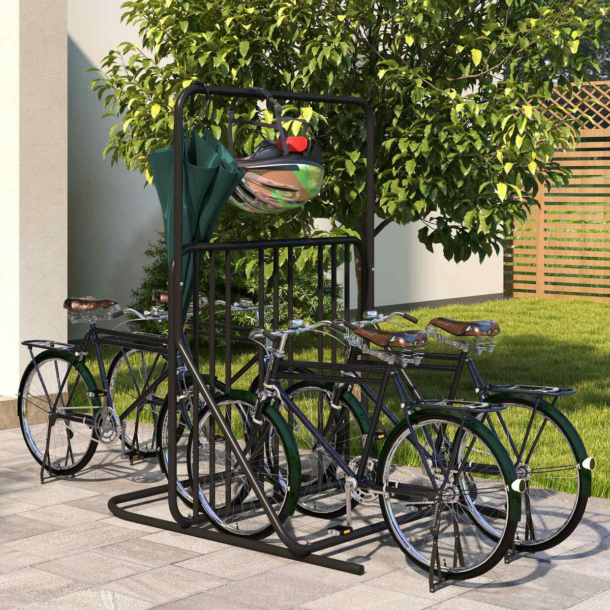 Bicycle Stand With Handle, Multiple Stands On Both Sides, Weatherproof, Up To 4 Bicycles, Steel, Black, 102X92X130Cm