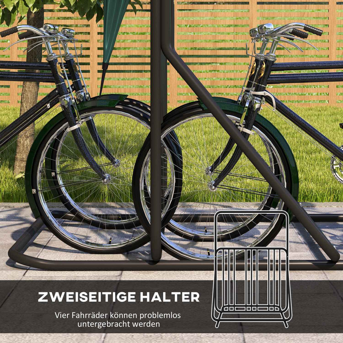 Bicycle Stand With Handle, Multiple Stands On Both Sides, Weatherproof, Up To 4 Bicycles, Steel, Black, 102X92X130Cm