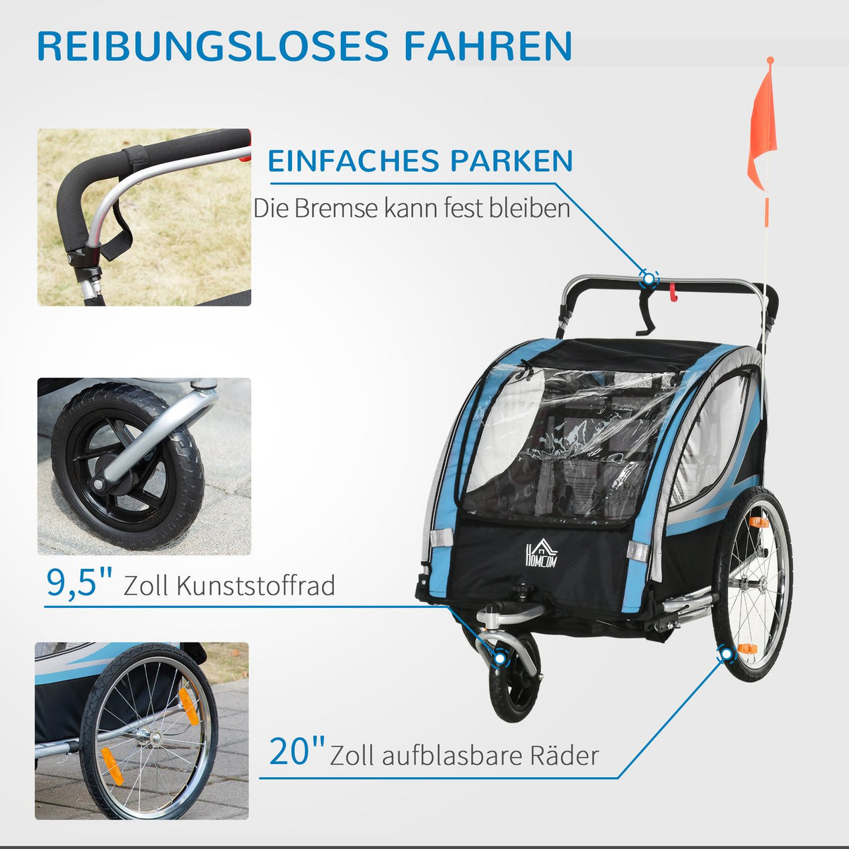 Bicycle Trailer 2 In 1 Stroller Buggy, 360° Rotatable, Steel Oxford, Blue+Black