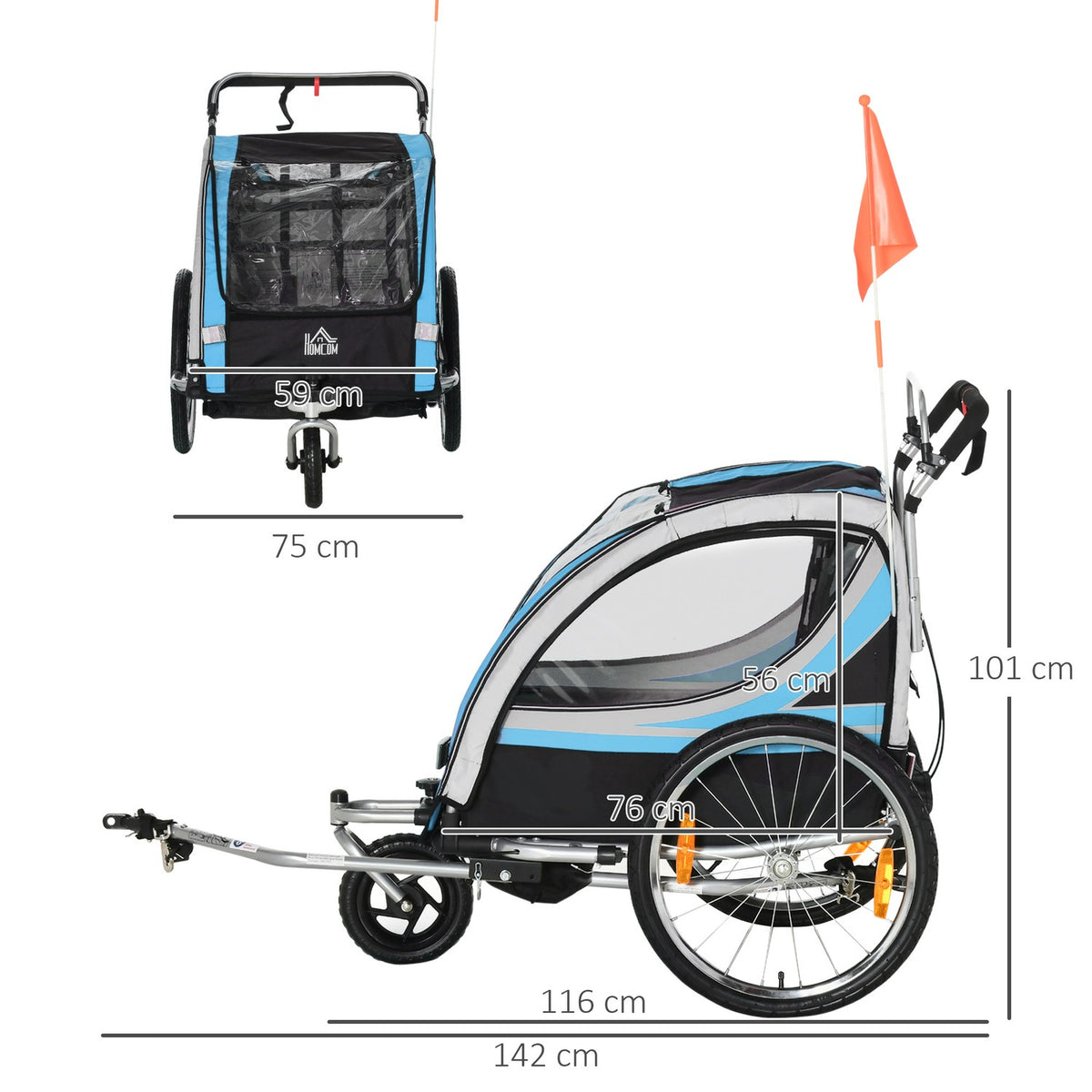 Bicycle Trailer 2 In 1 Stroller Buggy, 360° Rotatable, Steel Oxford, Blue+Black