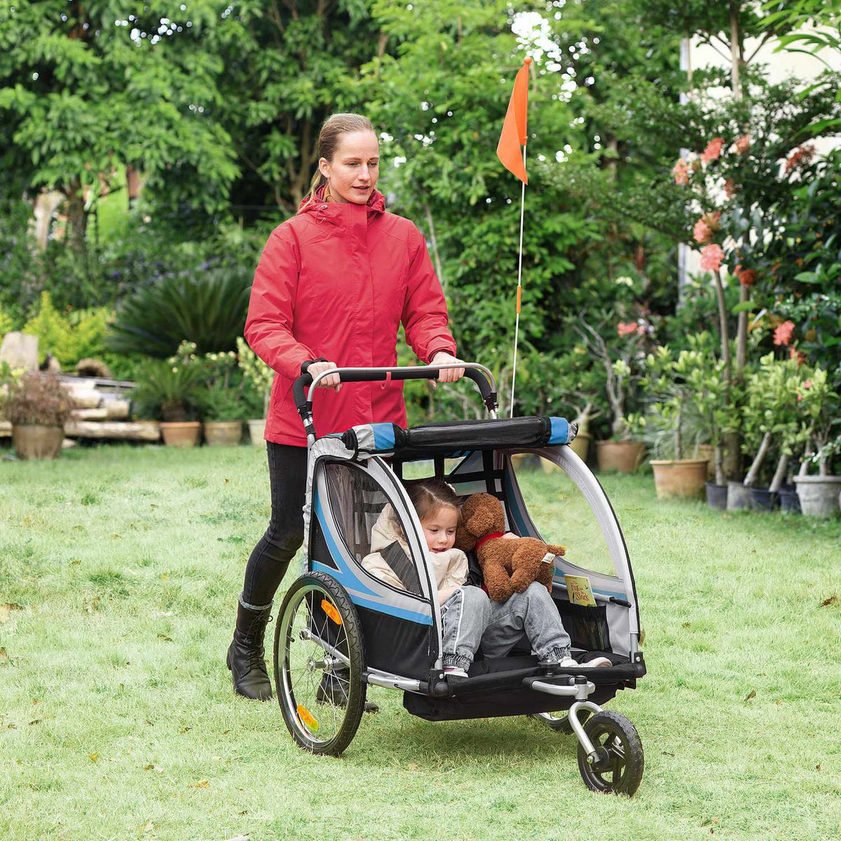 Bicycle Trailer 2 In 1 Stroller Buggy, 360° Rotatable, Steel Oxford, Blue+Black