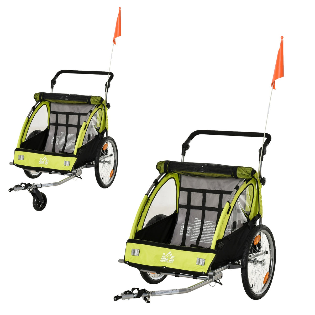 Bicycle Trailer 2 In 1 Stroller Jogger Function, 360° Rotatable, Seat Belt, Green + Black, 160X84X106Cm