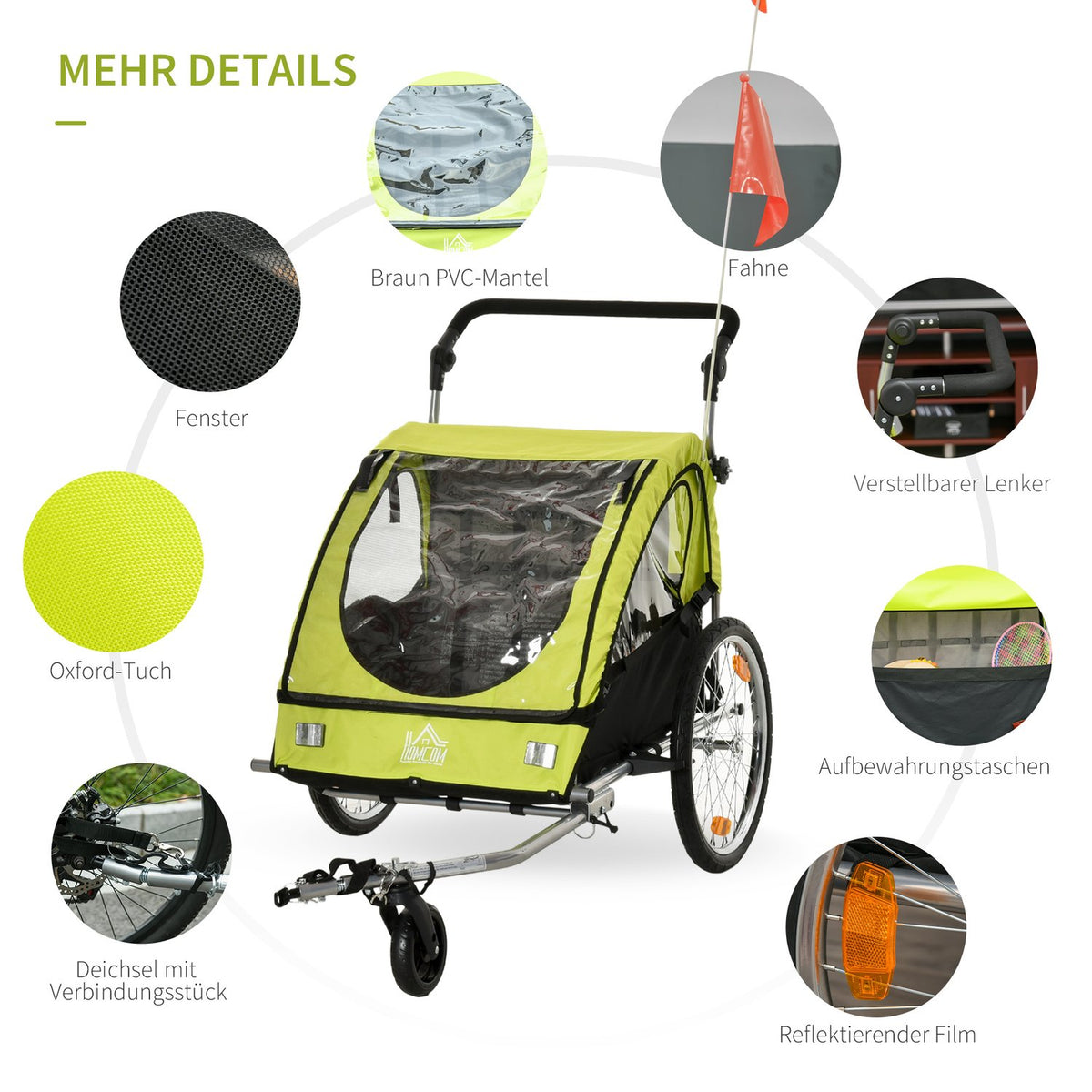 Bicycle Trailer 2 In 1 Stroller Jogger Function, 360° Rotatable, Seat Belt, Green + Black, 160X84X106Cm