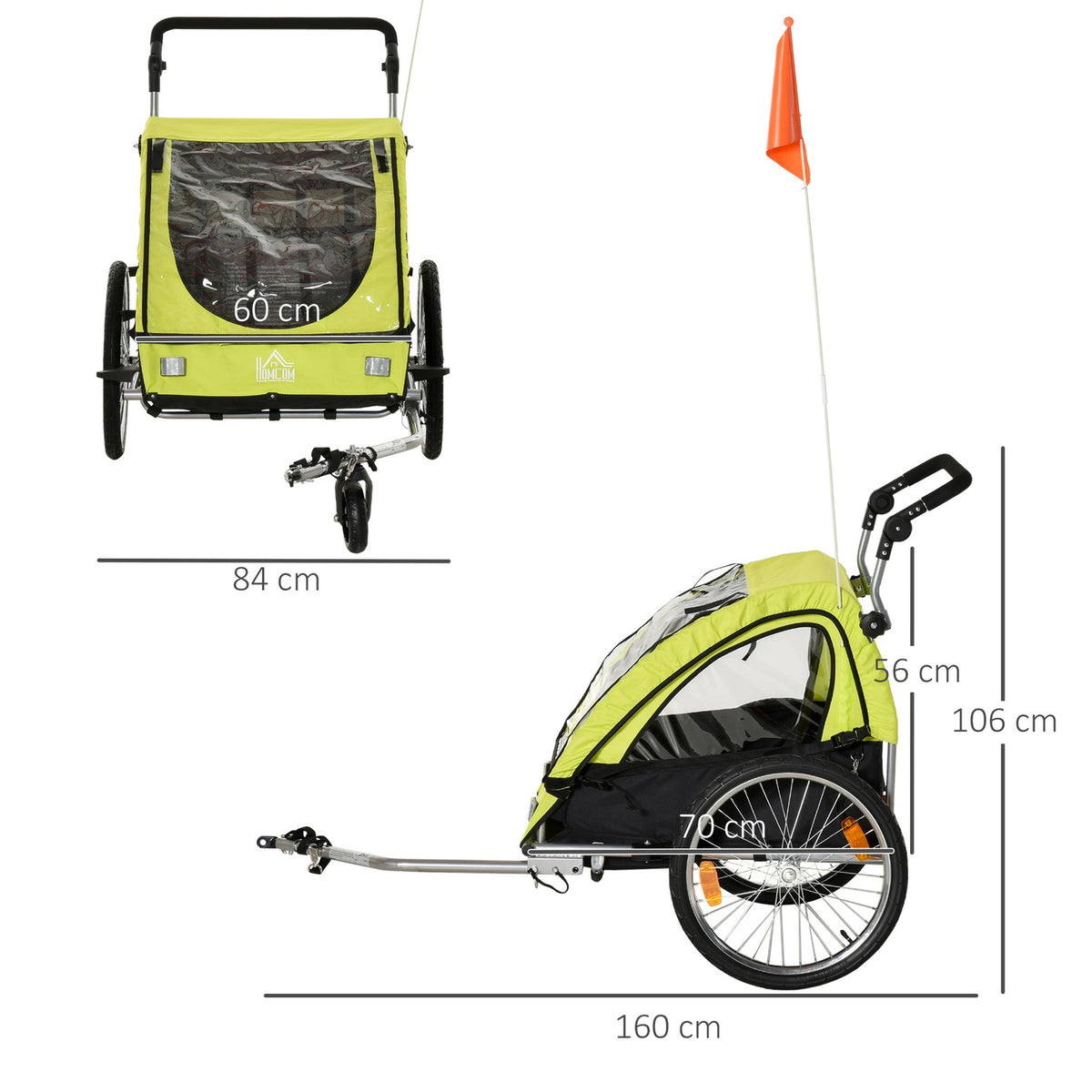 Bicycle Trailer 2 In 1 Stroller Jogger Function, 360° Rotatable, Seat Belt, Green + Black, 160X84X106Cm