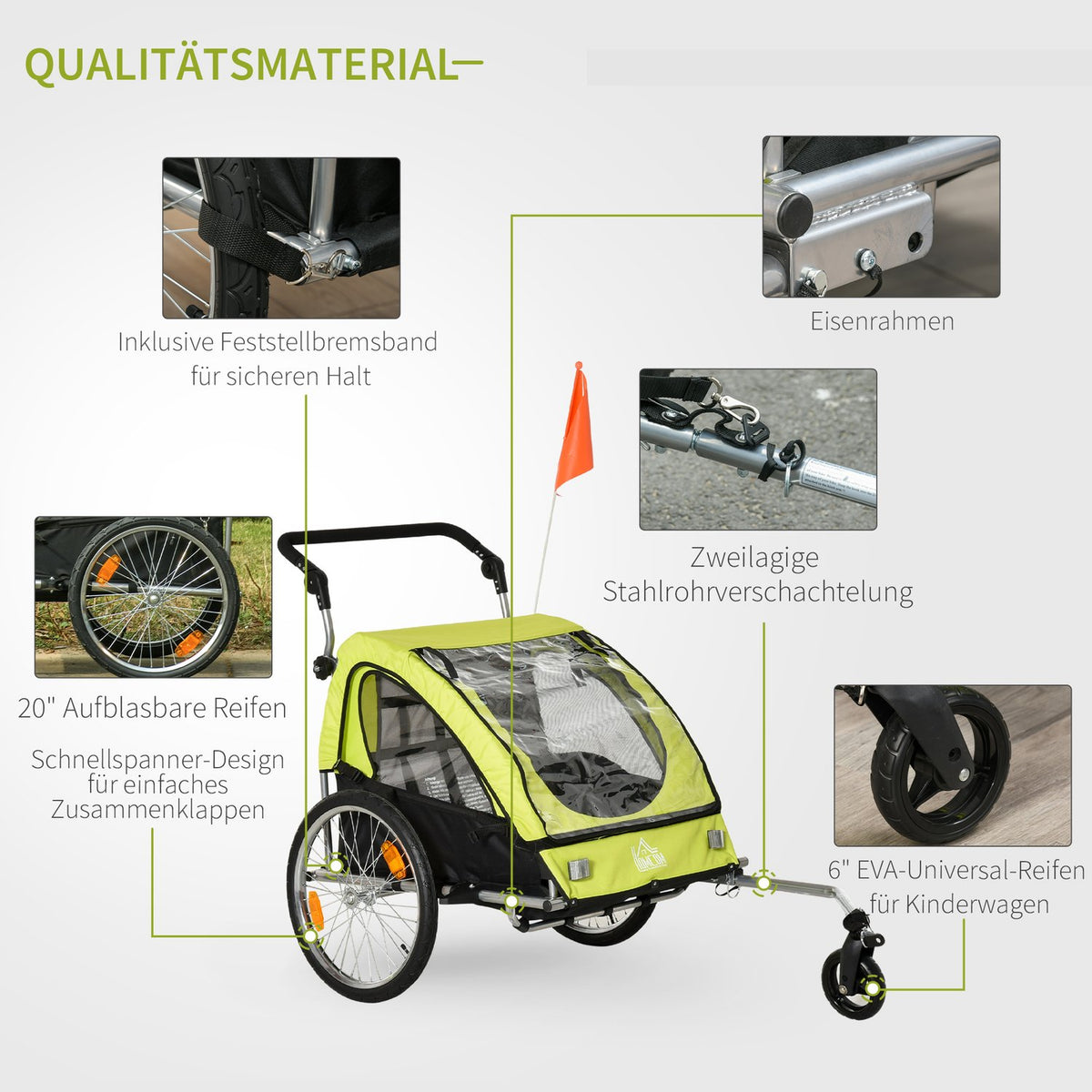Bicycle Trailer 2 In 1 Stroller Jogger Function, 360° Rotatable, Seat Belt, Green + Black, 160X84X106Cm