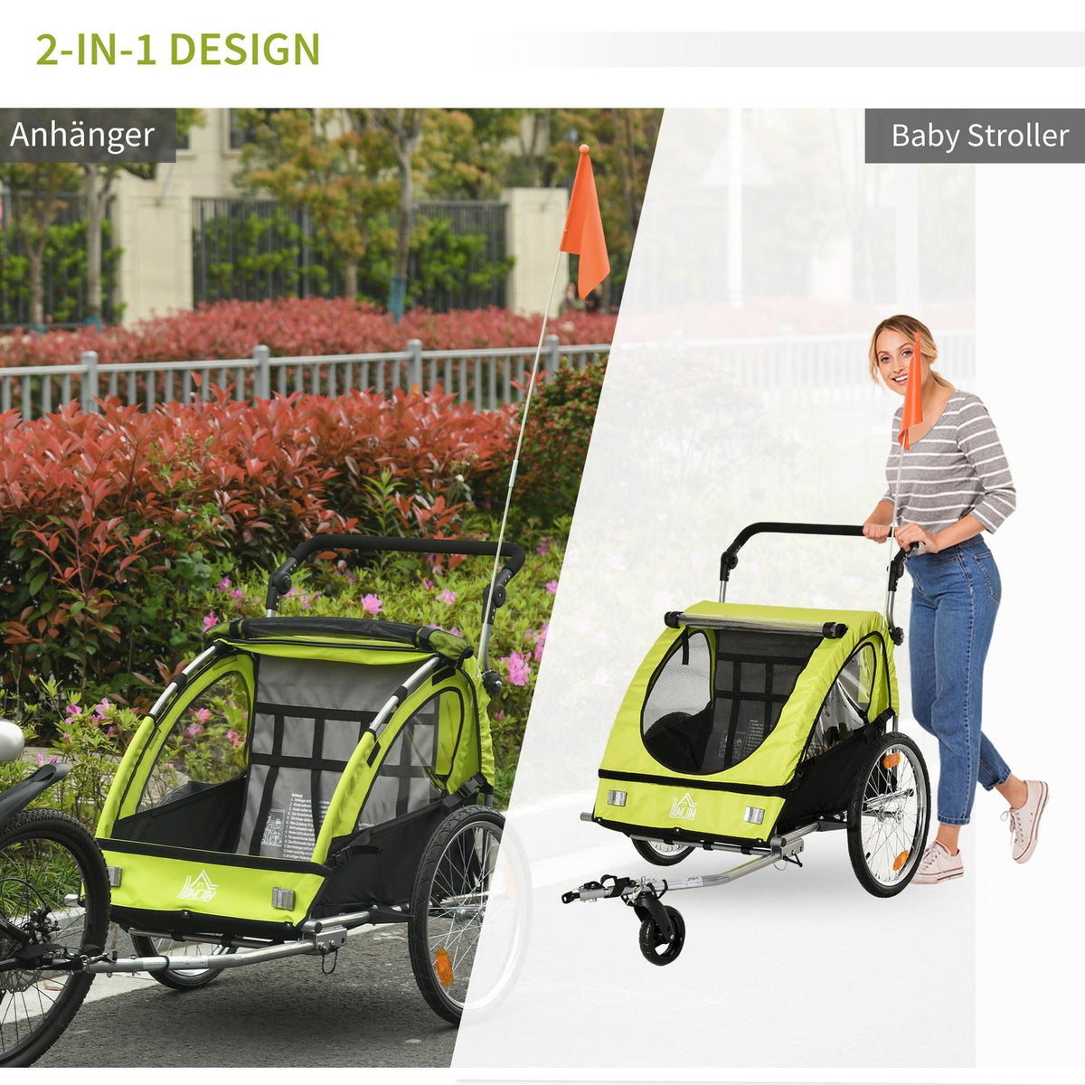 Bicycle Trailer 2 In 1 Stroller Jogger Function, 360° Rotatable, Seat Belt, Green + Black, 160X84X106Cm