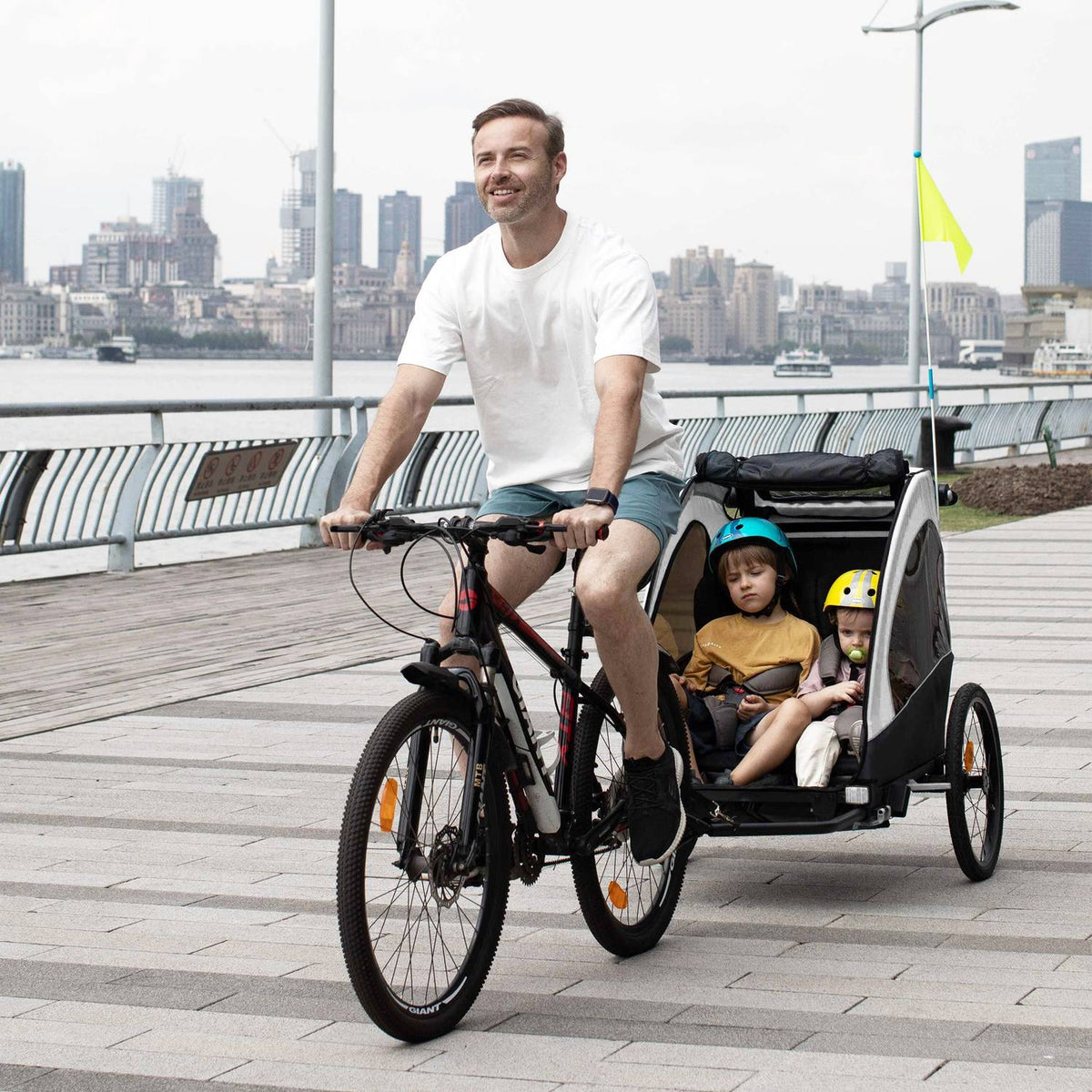 Bicycle Trailer Jogger 3 In 1 Child Trailer, Aluminum, For 2 Children, With Flag, White+Black