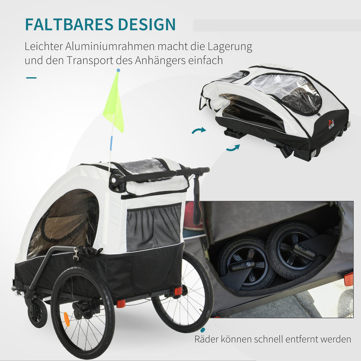 Bicycle Trailer Jogger 3 In 1 Child Trailer, Aluminum, For 2 Children, With Flag, White+Black
