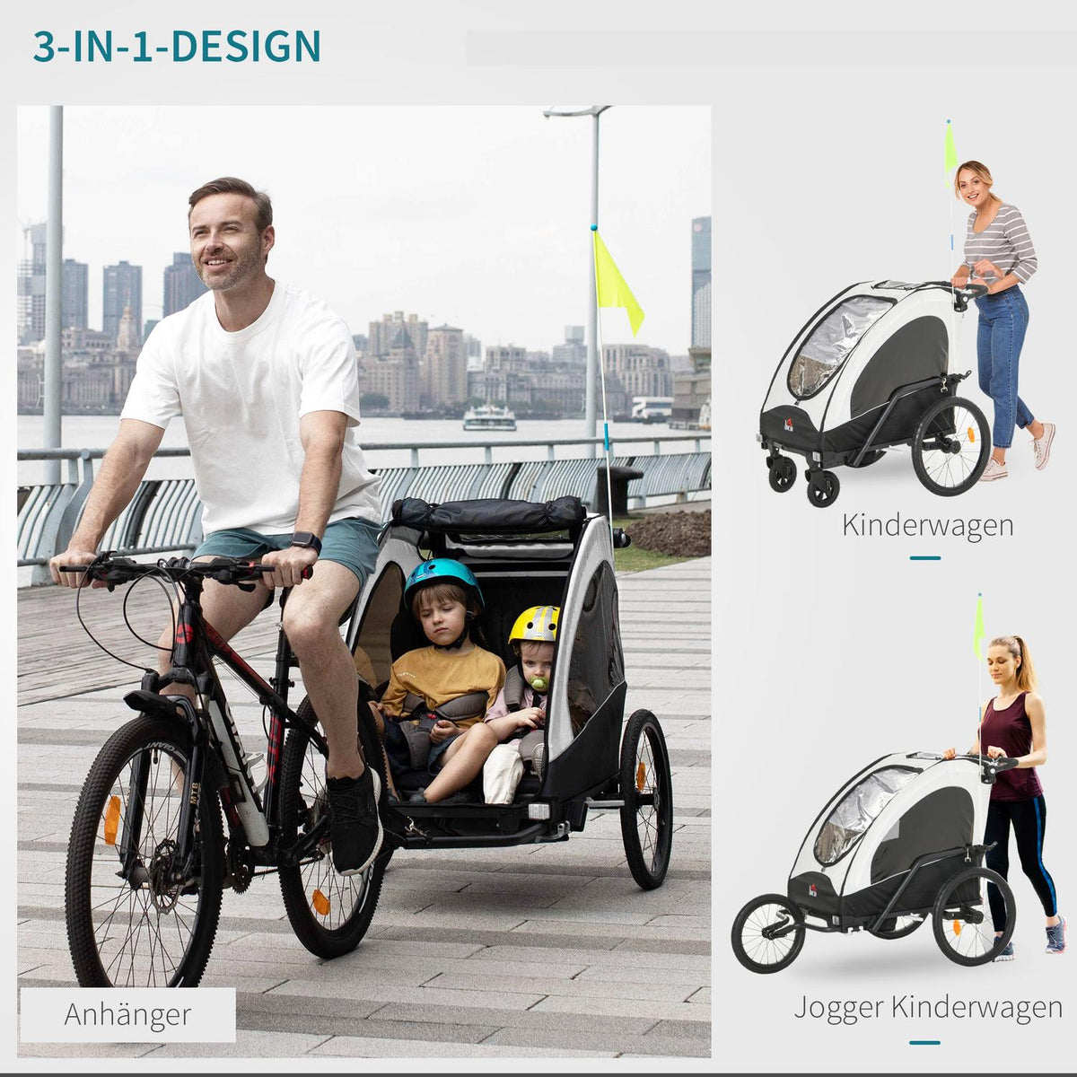 Bicycle Trailer Jogger 3 In 1 Child Trailer, Aluminum, For 2 Children, With Flag, White+Black