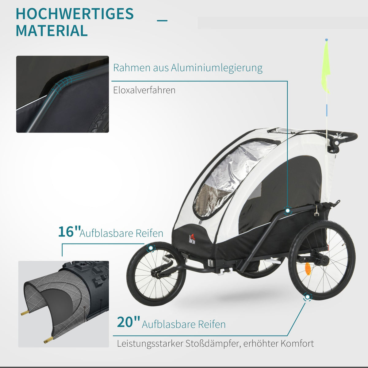 Bicycle Trailer Jogger 3 In 1 Child Trailer, Aluminum, For 2 Children, With Flag, White+Black
