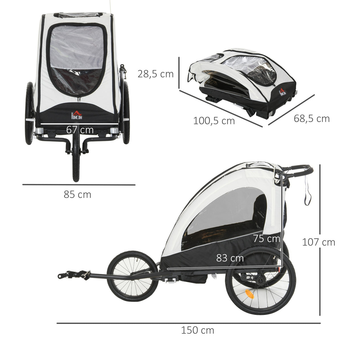 Bicycle Trailer Jogger 3 In 1 Child Trailer, Aluminum, For 2 Children, With Flag, White+Black