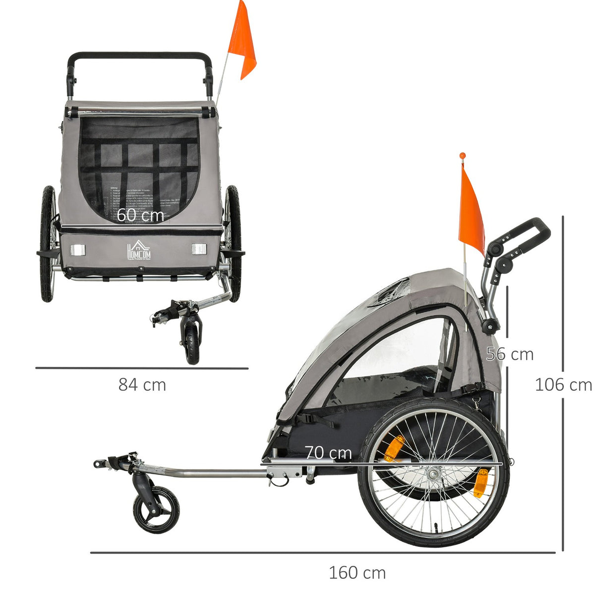 Bicycle Trailer Jogger Children'S Trailer 360° Rotatable With Five-Point Safety Belt Gray + Black 160 X 84 X 106 Cm