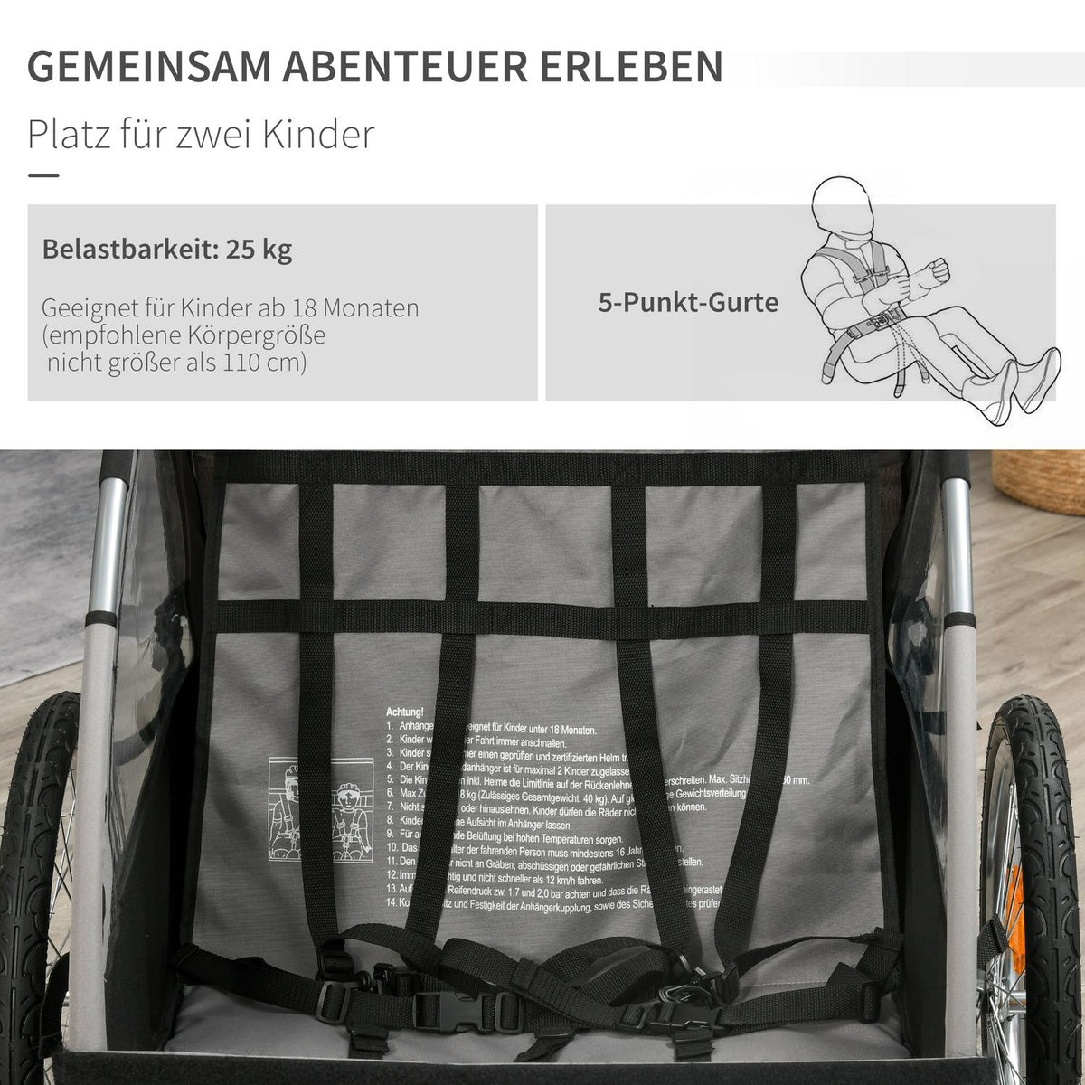 Bicycle Trailer Jogger Children'S Trailer 360° Rotatable With Five-Point Safety Belt Gray + Black 160 X 84 X 106 Cm
