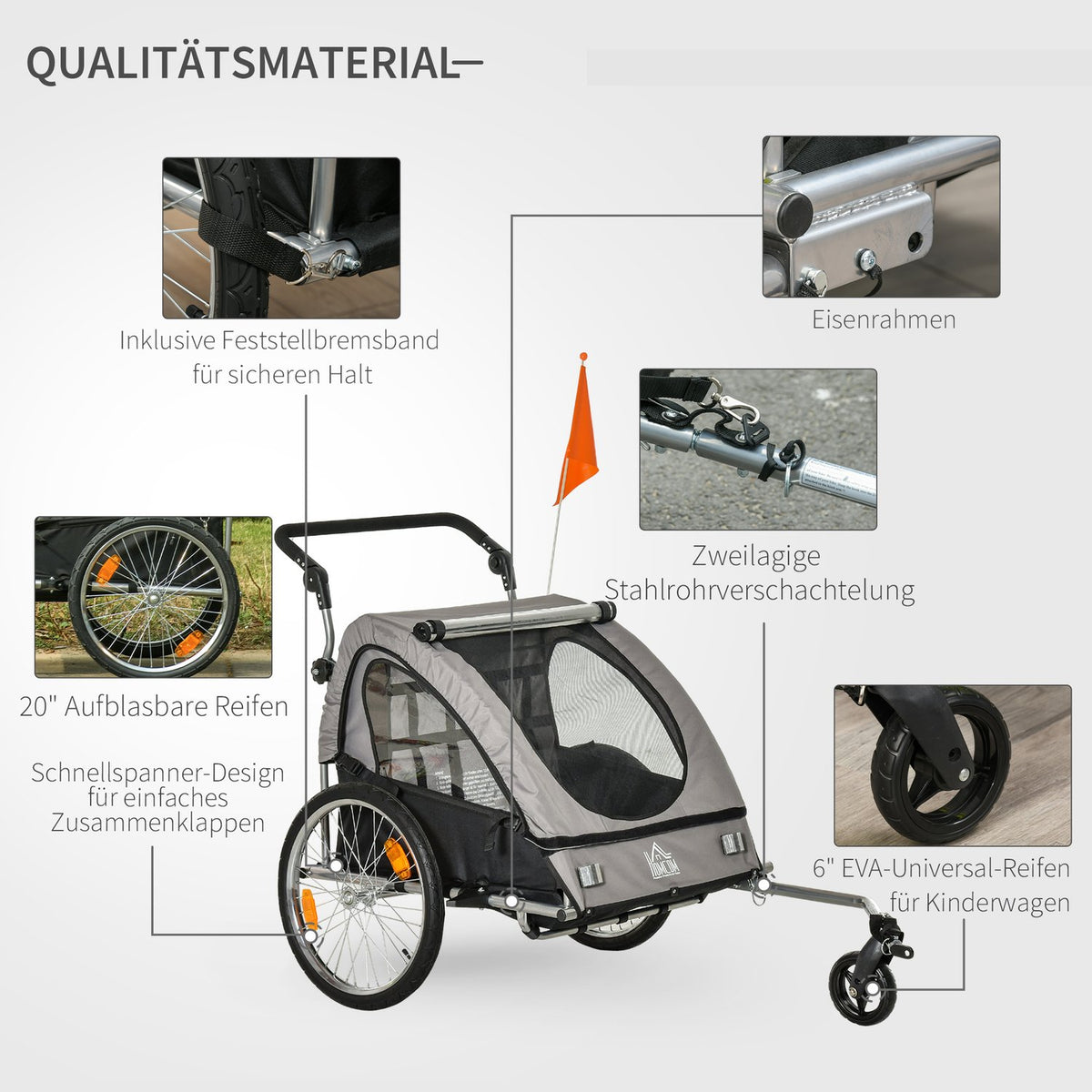 Bicycle Trailer Jogger Children'S Trailer 360° Rotatable With Five-Point Safety Belt Gray + Black 160 X 84 X 106 Cm