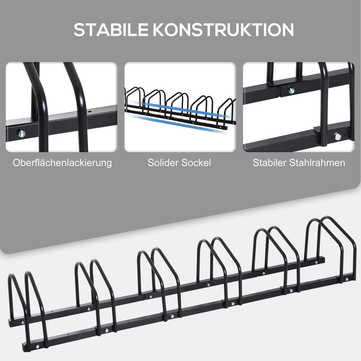 Bicycle stand, bike stand, stand, weatherproof, durable, floor and wall mounting, steel, up to 6 bicycles, black, 179 x 33 x 27 cm