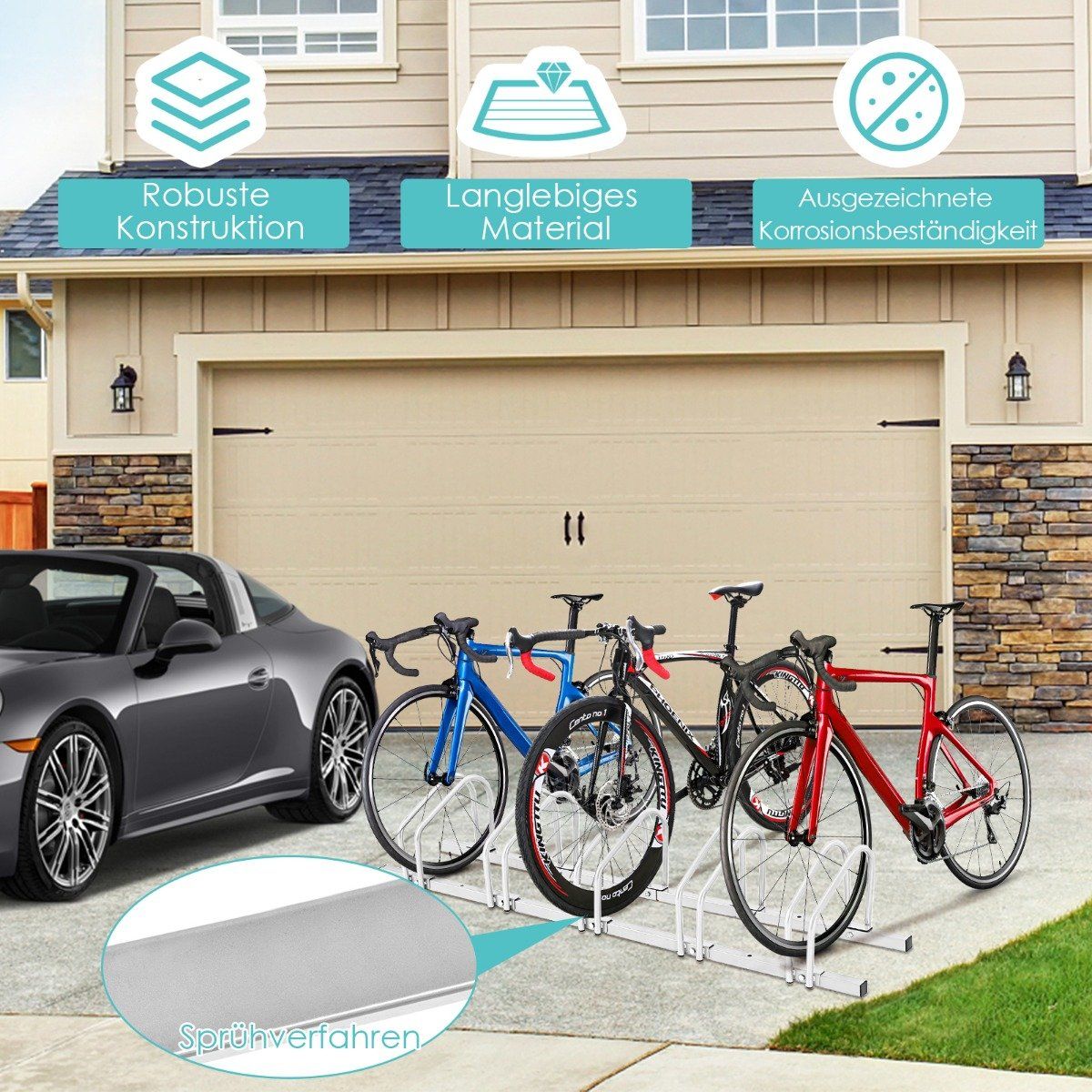 Bicycle stand, floor stand, stand with 5 bicycle parking spaces, silver
