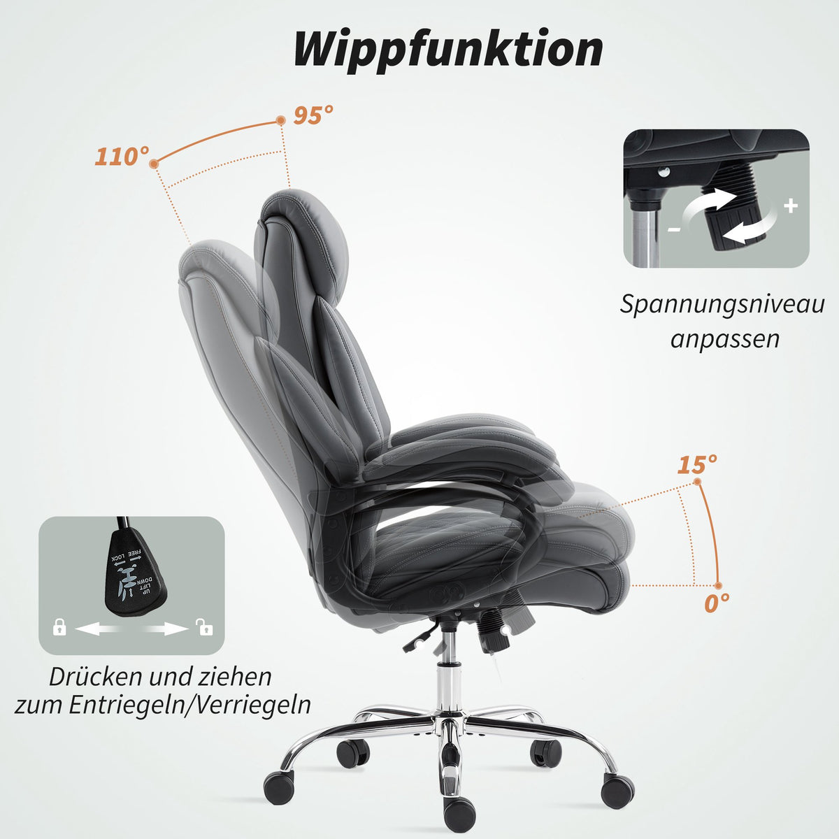 Big and Tall Office Chair, PU Leather, 150 kg, Anthracite