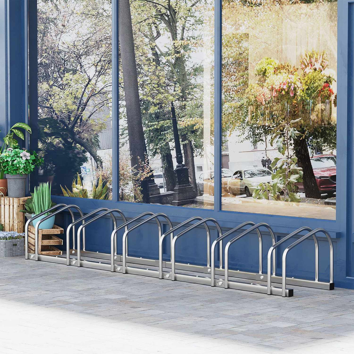 Bike Stand For Up To 6 Bikes Weatherproof, Durable, Floor & Wall Mounting, Steel, Silver, 179X33X27Cm